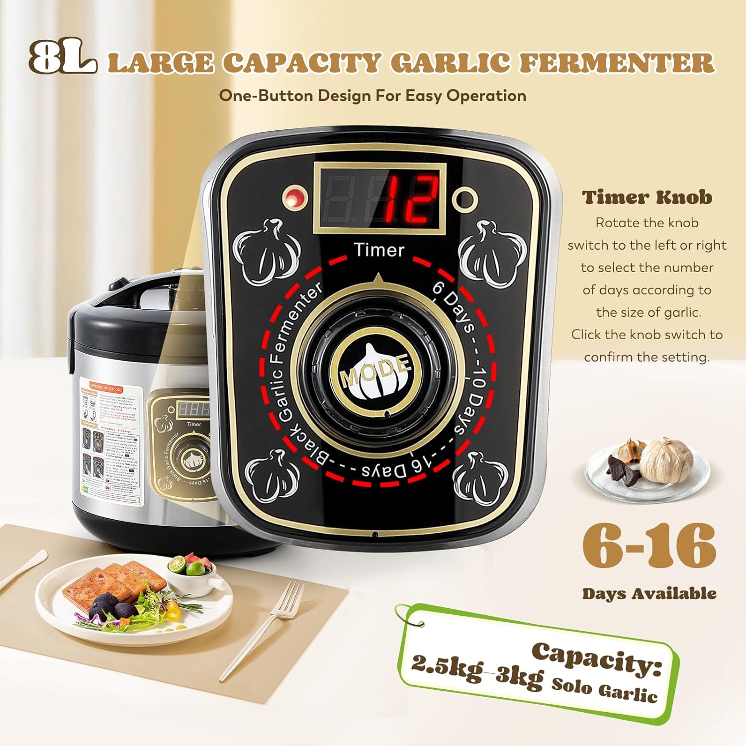 Moongiantgo 8L Black Garlic Fermenter Garlic Fermenting Machine, Easy One-Button Operation Automatic Intelligent Large Capacity Black Garlic Maker with Precise Time Control for 6-16 Days, 110V (8L)