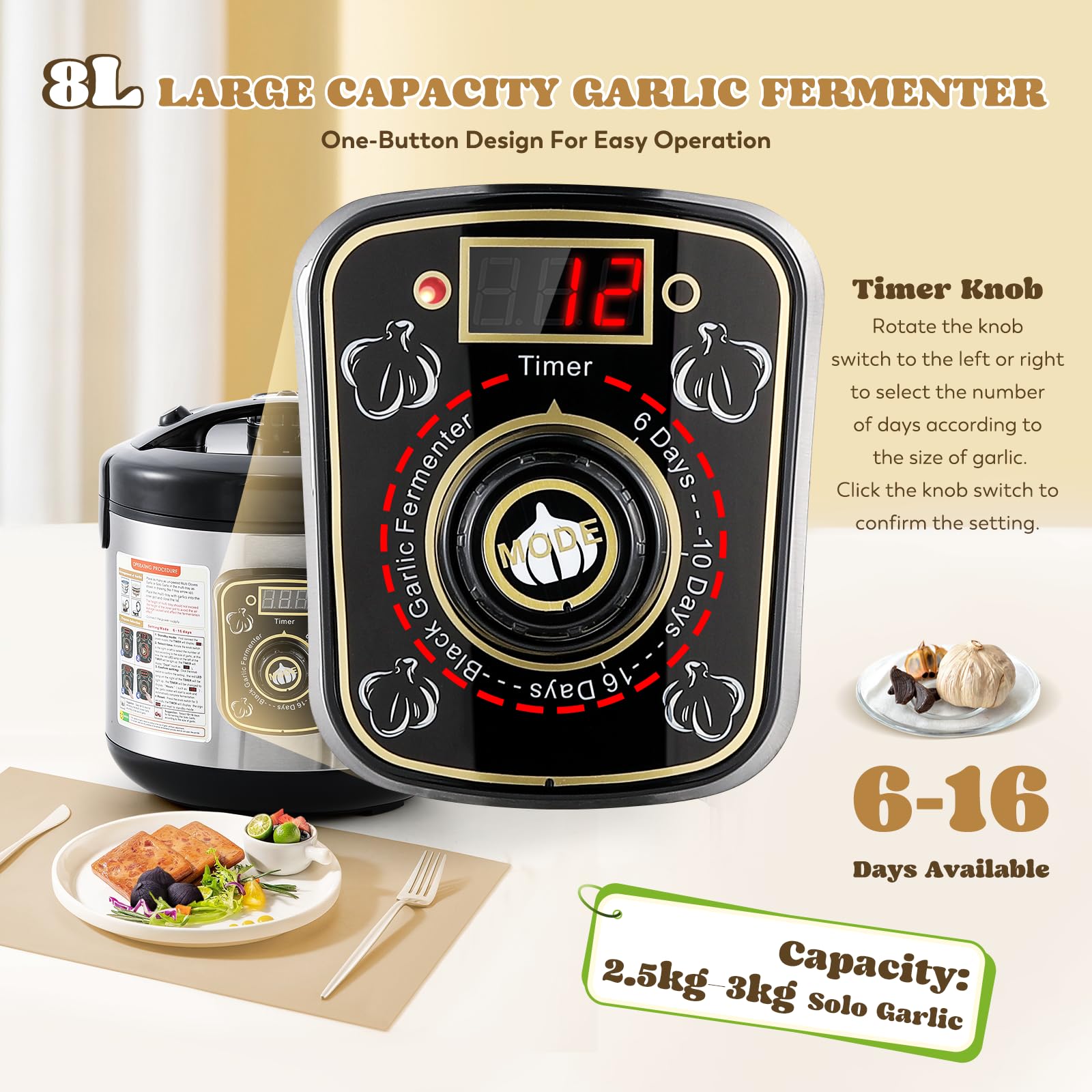 Fermentador de ajo negro de 8 litros, máquina de fermentación de ajo negro, fácil operación con un solo botón, máquina automática inteligente de ajo negro de gran capacidad con control de 2