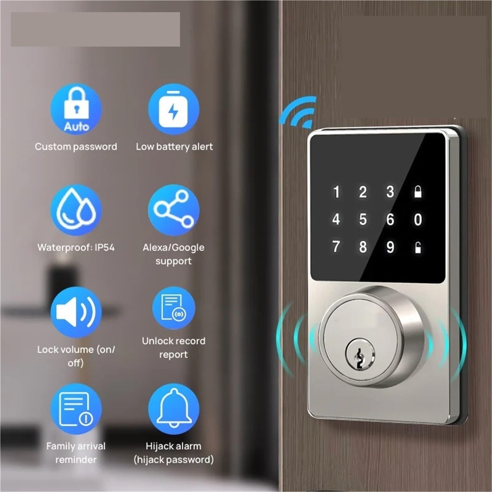 Cerradura Electronica, Cerradura inteligente con WiFi en casa, cerradura de puerta de entrada sin llave con teclado táctil, Control por aplicación, grado impermeable IP54, alerta de batería baja