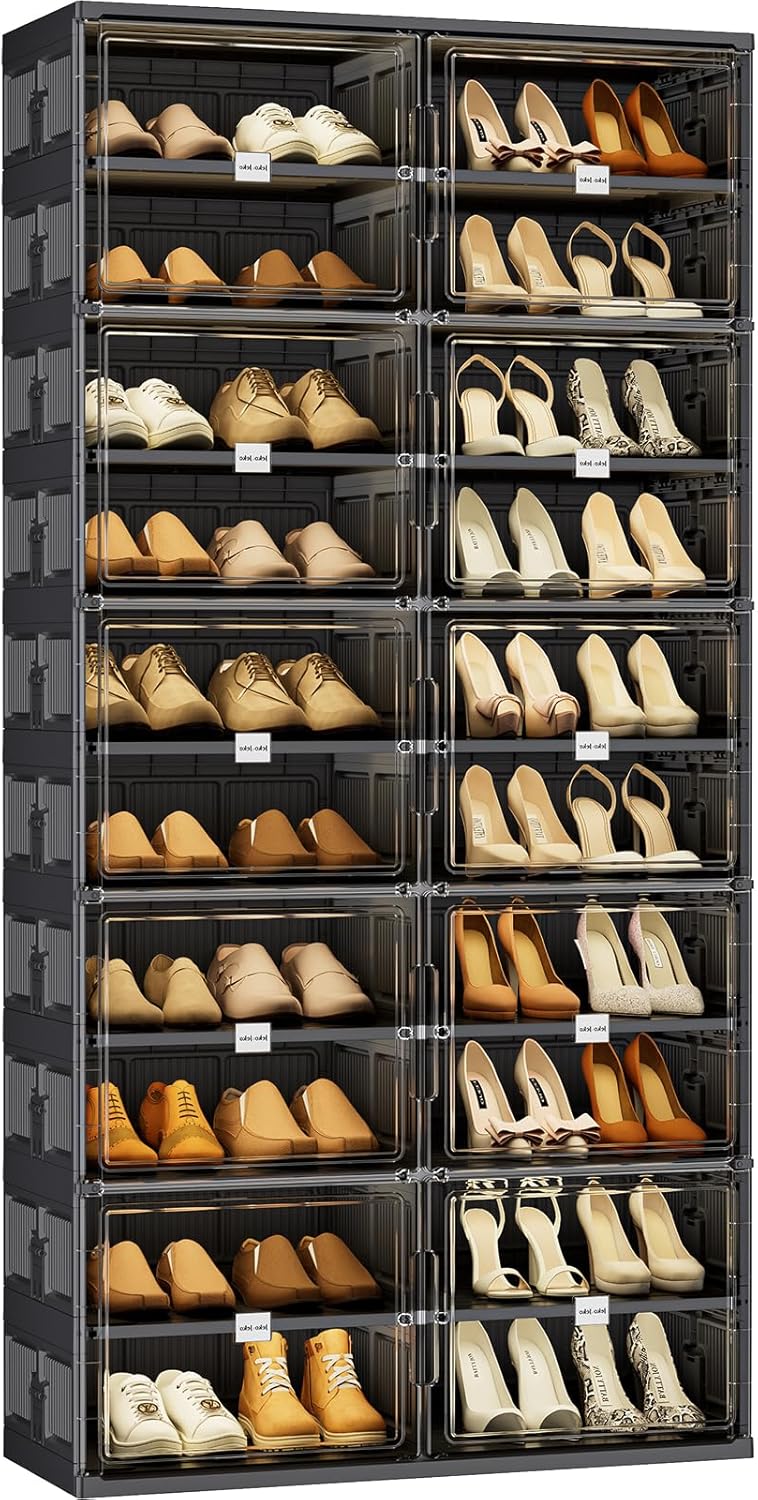 JEKO&JEKO 9-Tier Foldable Shoe Storage Cabinet with Magnetic Doors, Large Stackable Shoe Organizer Cabinet for Entryway, Clear Front Door Shoe Boxes Hold Up to 36 Pairs (Black)