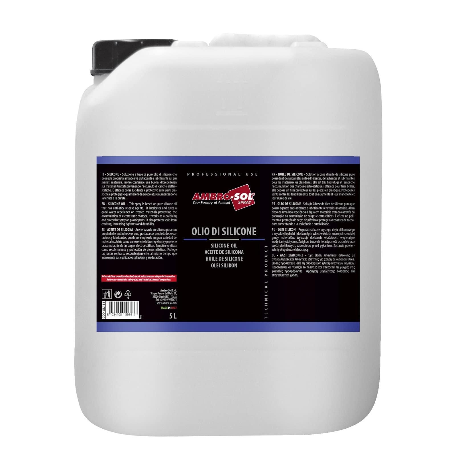AMBRO-SOL - Aceite de Silicona en Garrafa de 5 L, Lubricación Eficaz para Prevenir Fricción y Desgaste, Protección Hidrorrepelente y Prevención de Descargas Electrostáticas en Equipos Industriales