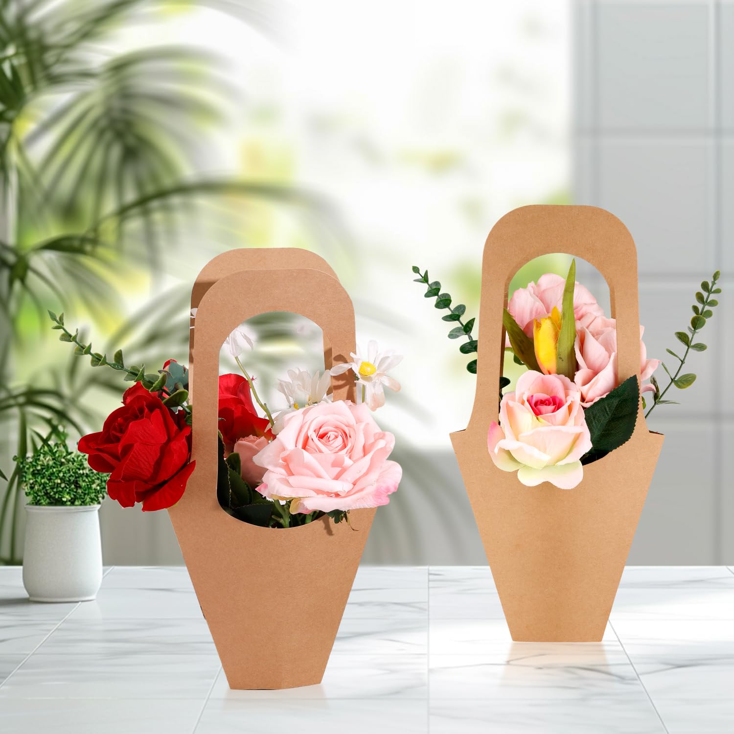 20uds Bolsas de Regalo de Papel Kraft con Flores, 35x18,8x14,5cm Soporte para Ramos Colgantes con Asa Bolsa para Envolver Flores Suministros para Arreglos Florales Decoración Hogar (Pequeña)