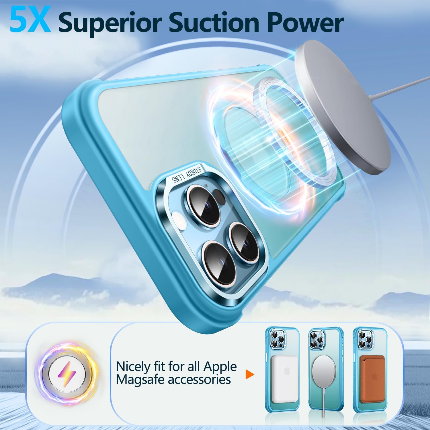360° Spin Magnetic Stand Designed for iPhone 15 Pro Case, [Compatible with mag Safe][Military-Grade Protection] Translucent Matte Kickstand Slim Phone Case 6.1 inch, Matte Lake Blue image 3