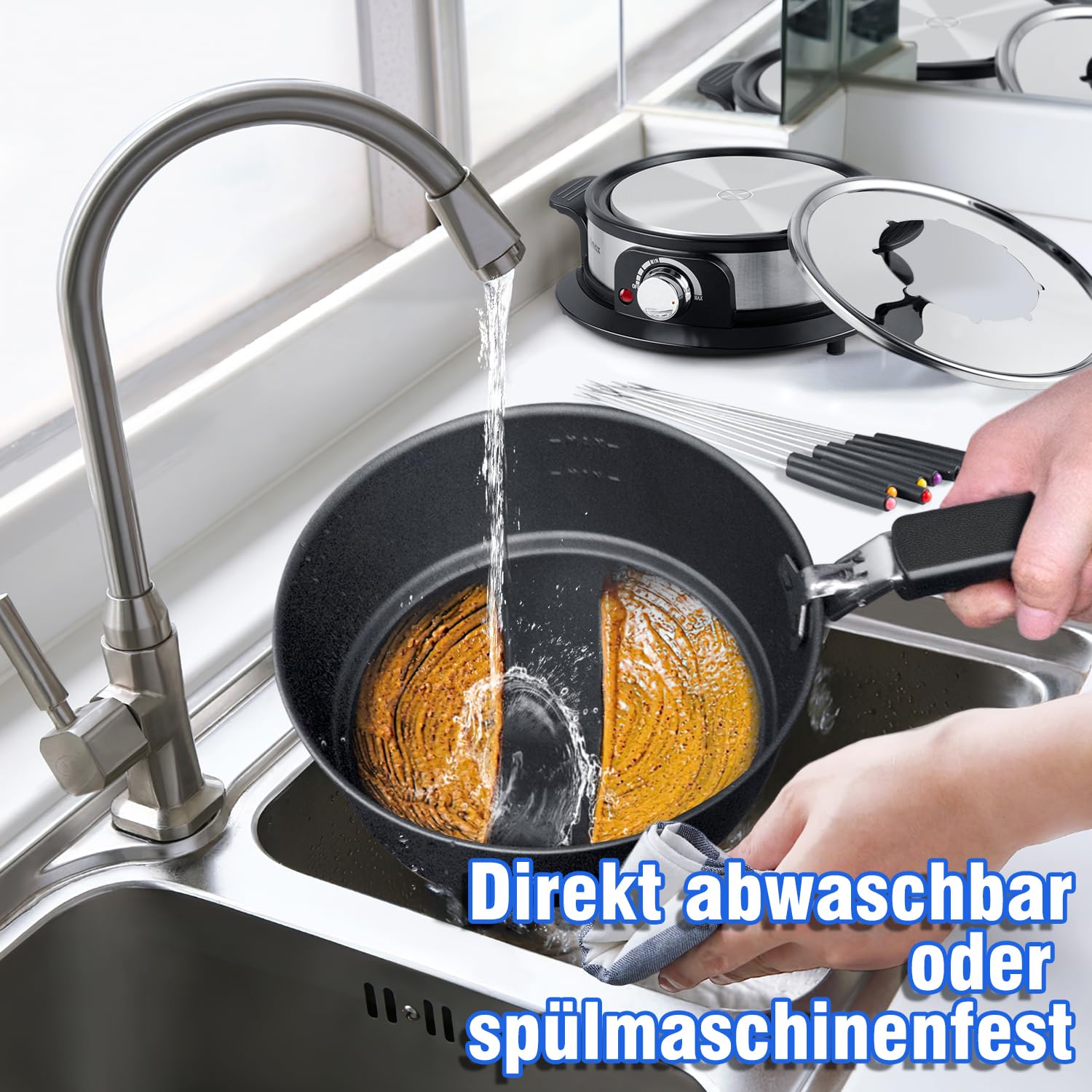 CUSIMAX Elektrisches Fondue-Set mit 1300W Leistungsregelung für Käse, Schokolade, Öl und Brühe, 2L Antihaft-Elektro-Fondue-Topf mit 8 Gabeln, 6 Tassen und abnehmbarem Anti-Verbrühungs-Griff