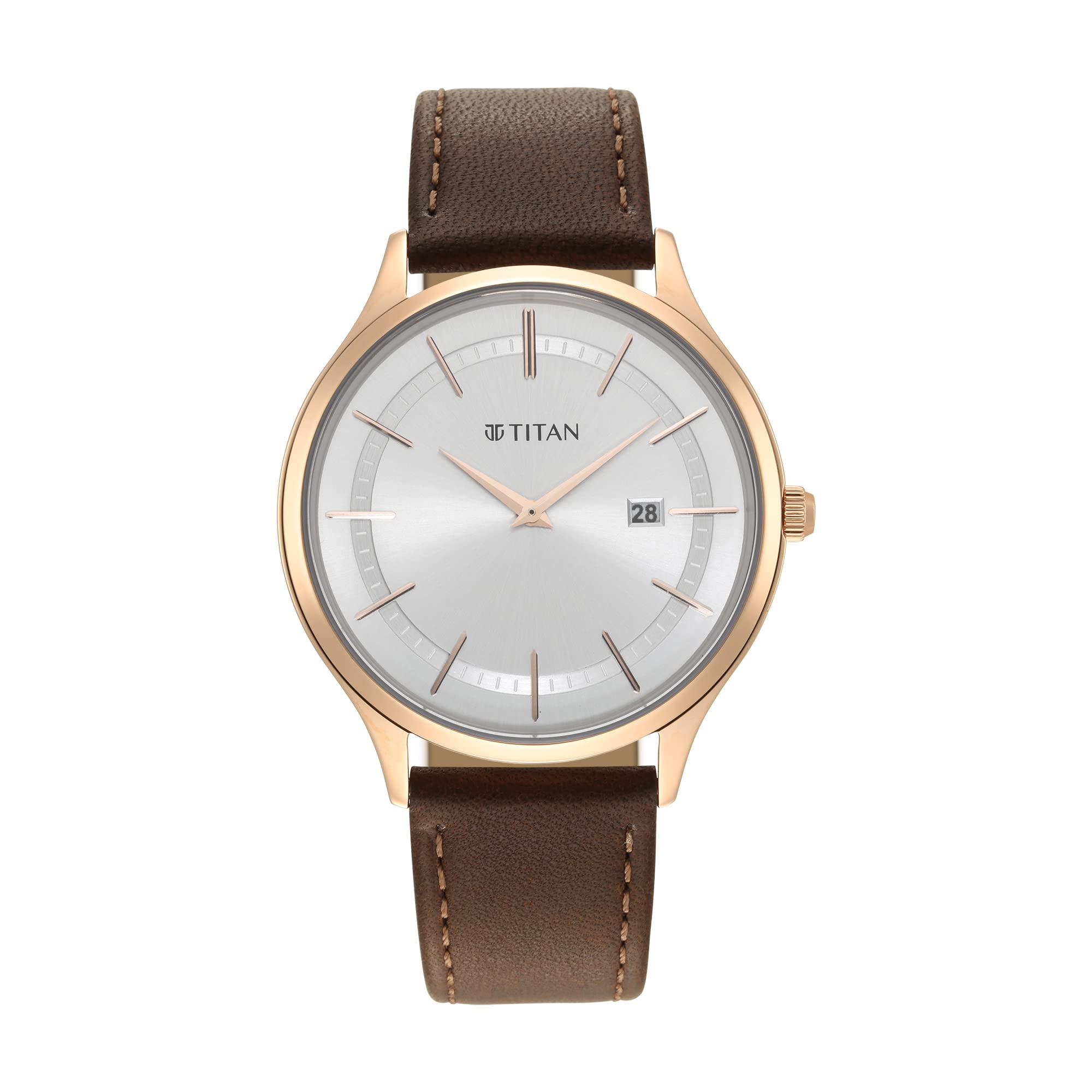 TITANClassique Slimline Silver Dial Analog with Date Leather Strap Watch for Men-NS90142WL01/NT90142WL01, Silver White, Classic