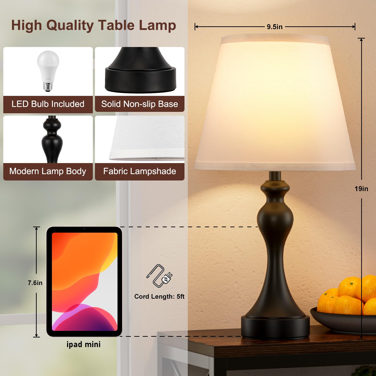 Seealle Touch-Lampen für Nachttisch - Nachttischlampen 2er Set, 3-Wege-Dimmbar, USB C + A für Schlafzimmer & Beistelltische (Weiß & Schwarz)