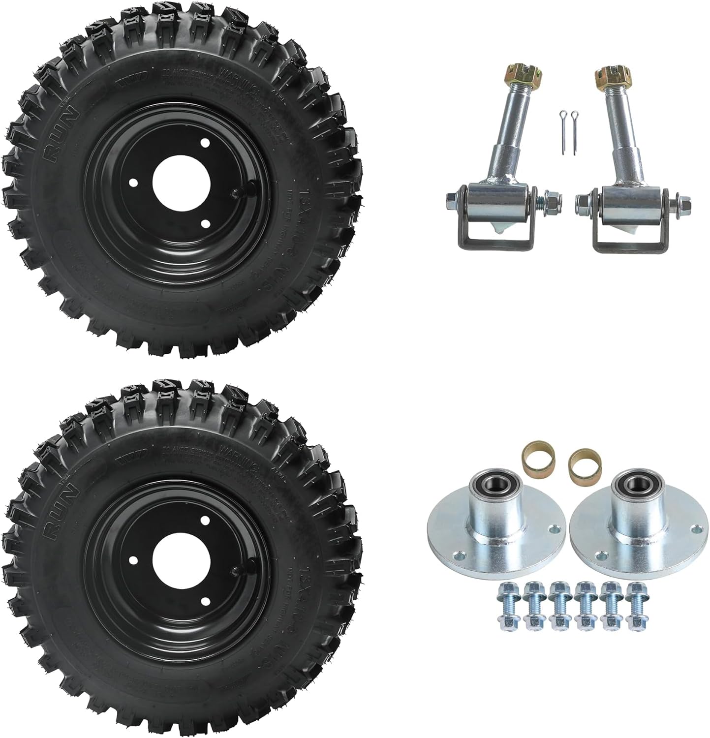 2 Pack 13x4.10-6 ATV Tubeless Tires with 3-Stud Wheel Hubs & Steering Knuckles for 70cc-150cc Quad, Go Kart, Mini Bike, Buggy, Dirt Bike, Scooter, Taotao, Coolster, Kazuma