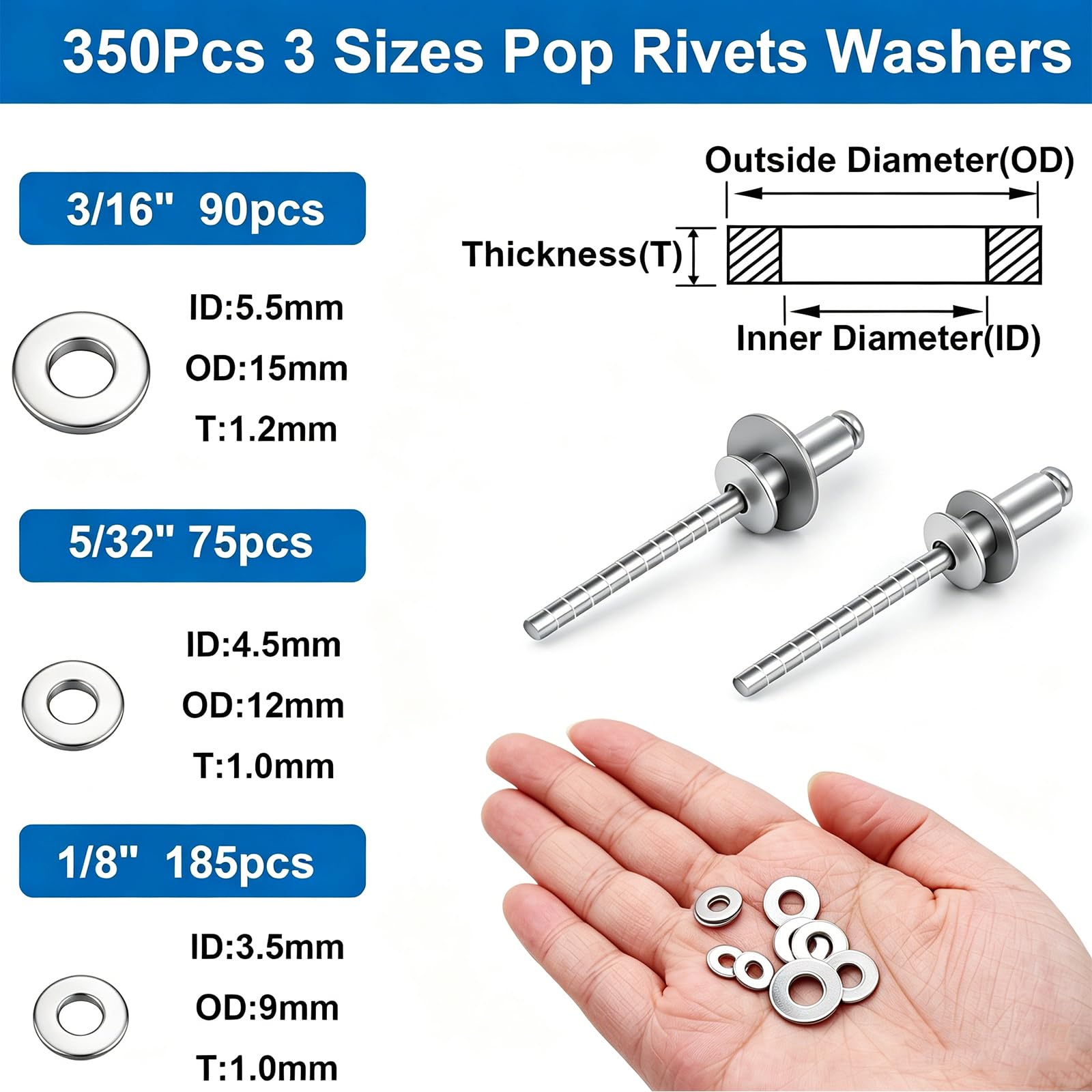 smseace Assortiment de 600 rivets pop en acier inoxydable avec rondelle - 8 tailles de rivets en acier inoxydable (0,6 cm, 1,5 cm, 8,9 cm, 3/16 cm) pour métal, meubles, automobile, instruments