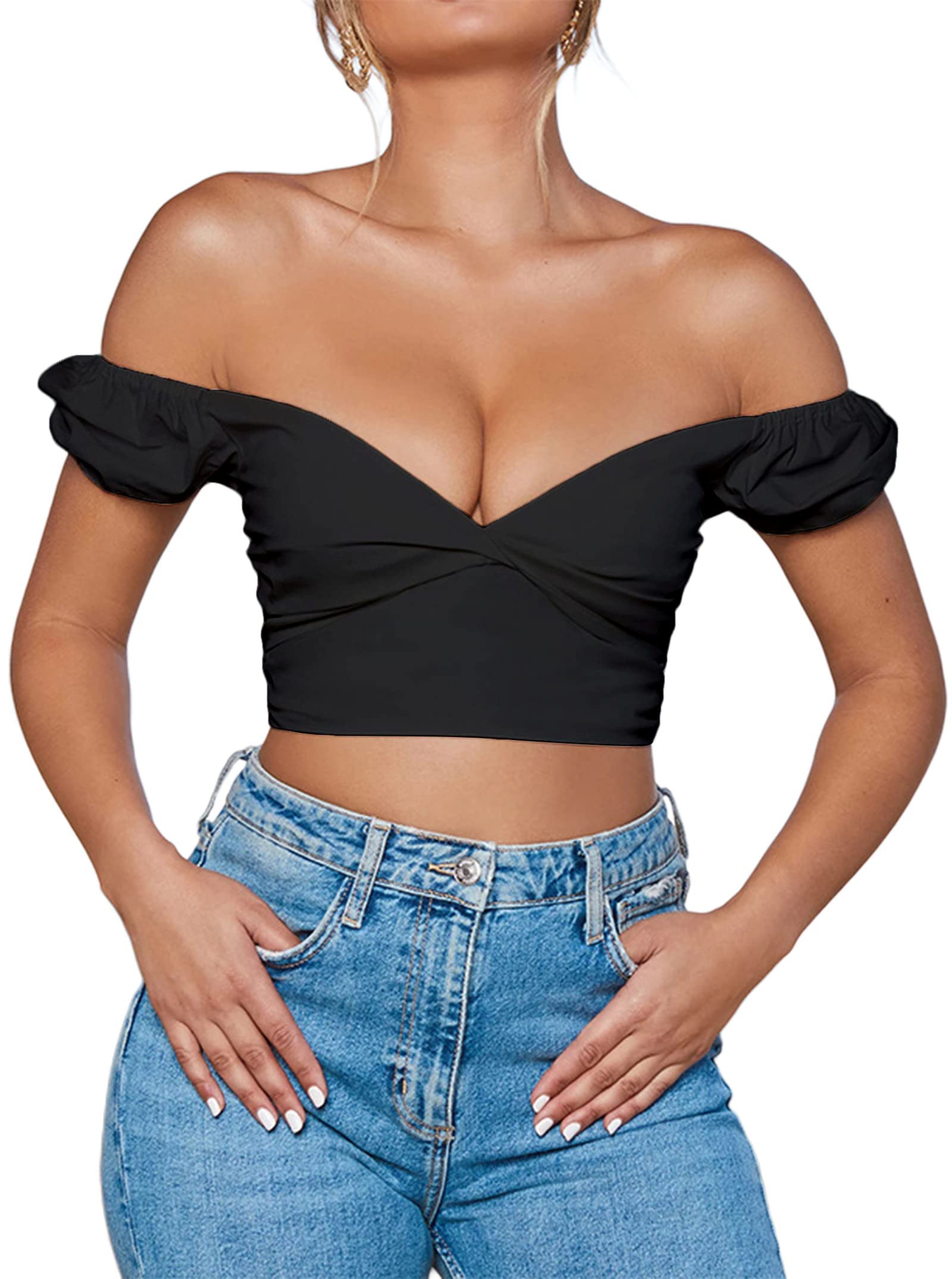 Photo 1 of 2XL- Avanova Women's Twist Front Off Shoulder Crop Top V Neck Short Sleeve Blouse   Black