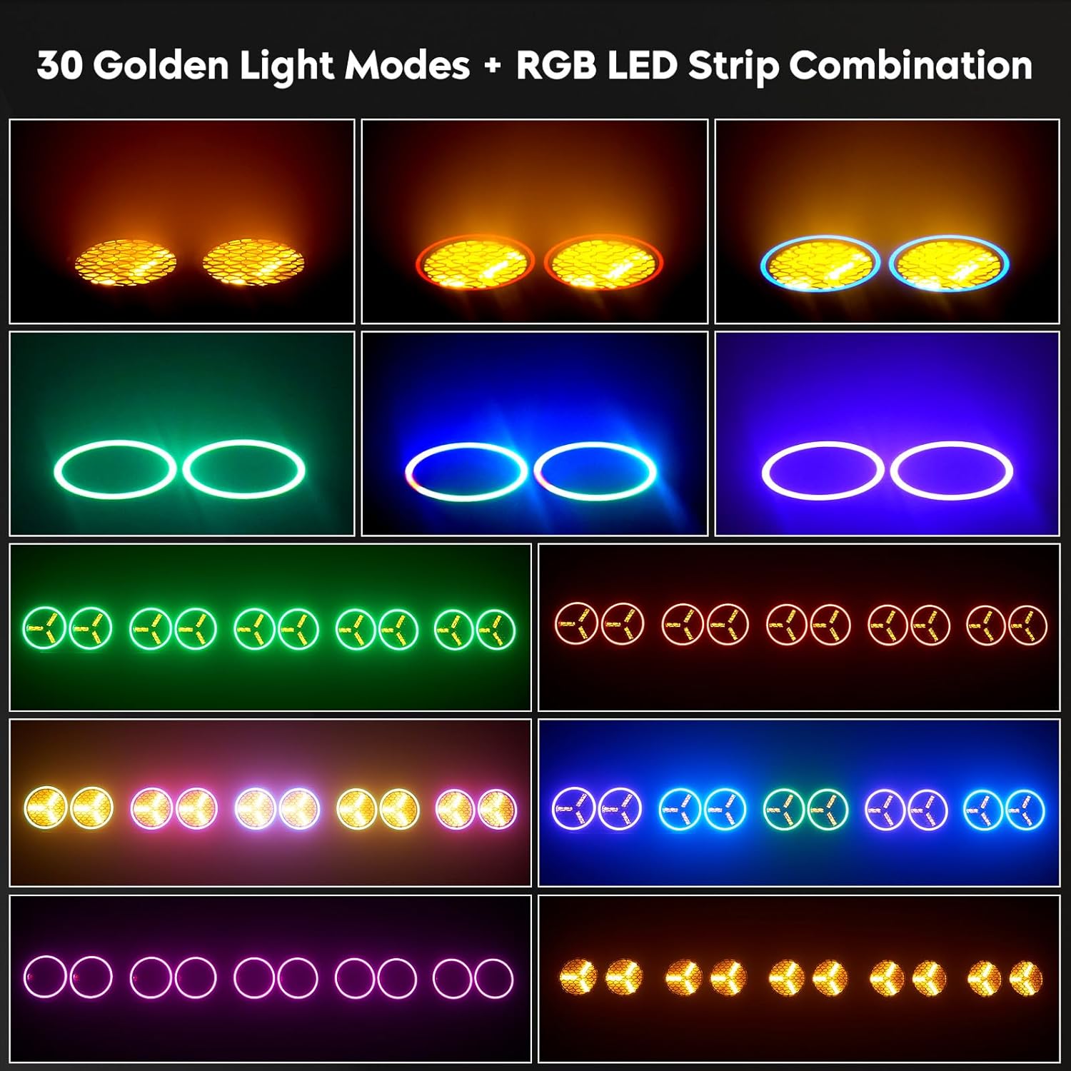 Grid showing 30 different golden light modes and RGB LED strip combinations available on the Nitehop ZQ01326.