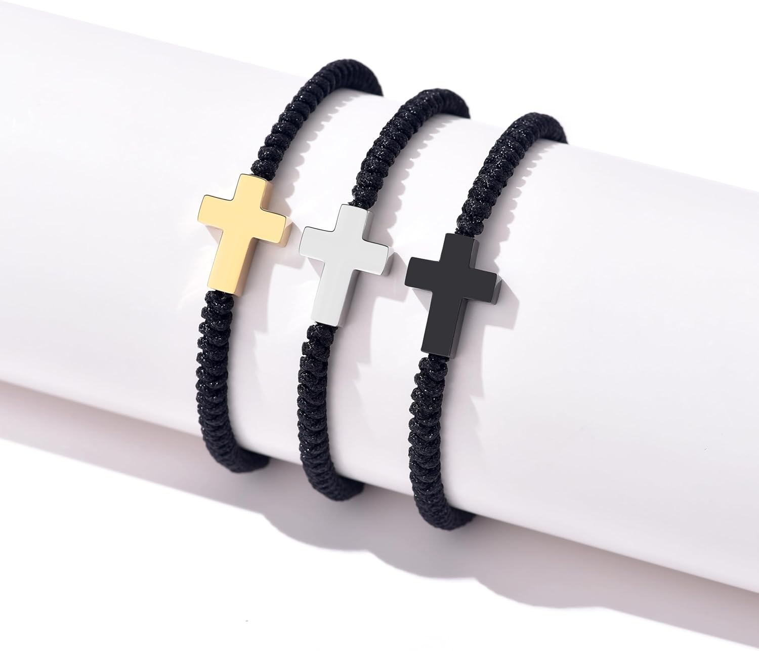 Black Cross Bracelet for Men and Women Adjustable Rope Macrame Bracelet Stainless Steel Cross Charm Bracelet Christian Faith Jewelry - Image 2