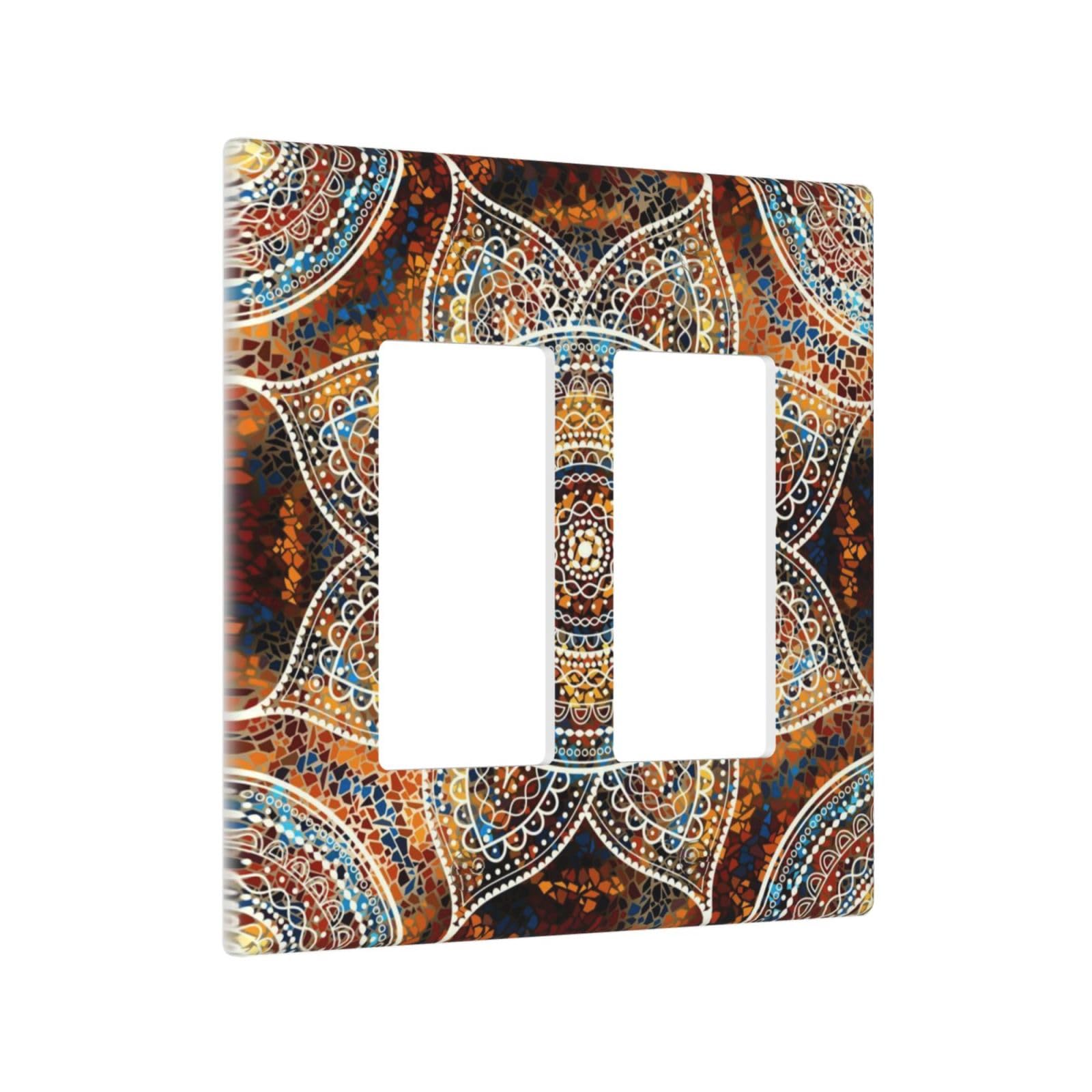 Bohemian Colorful Vintage Floral Mandala Flower Double Rocker Wall Plates 2 Gang Light Switch Cover Decorative Electrical Faceplate Switchplate For