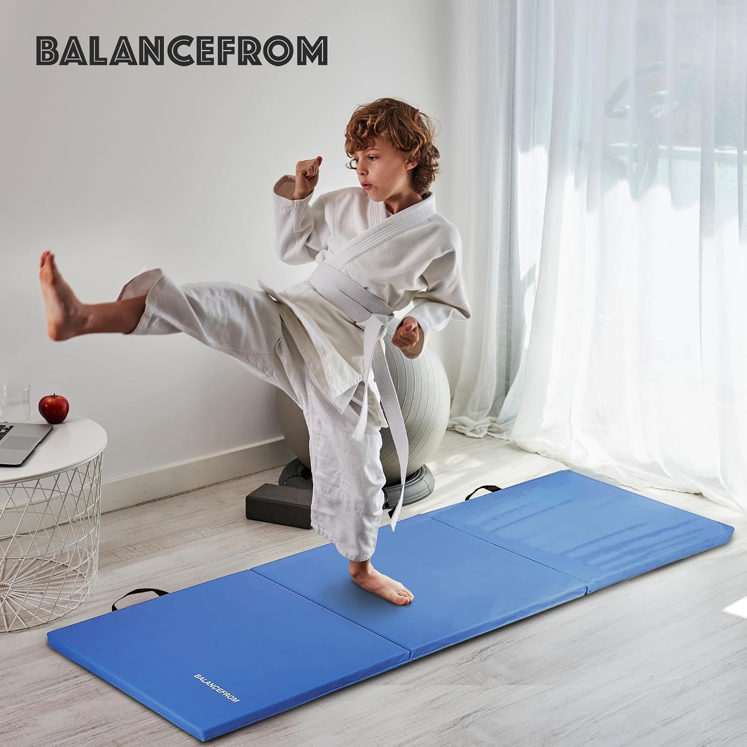 BalanceFrom 6x2 Feet 3-Panel Folding Gymnastics Mat – 1.5-Inch Thick Pad with Vinyl Surface and Carrying Handles for Tumbling, Yoga, Pilates, Home Workouts, and Martial Arts