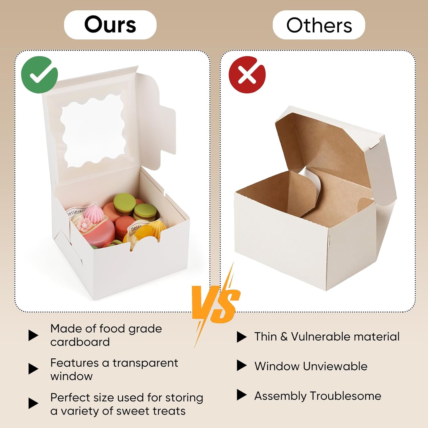 100 Pack Cookie Boxes with Window, 4x4x2.5 Inch White Bakery Box, Kraft Paper Treat Boxes for Pastries, Cookies, Pie, Donuts, Macaron, Strawberry Boxes withTag