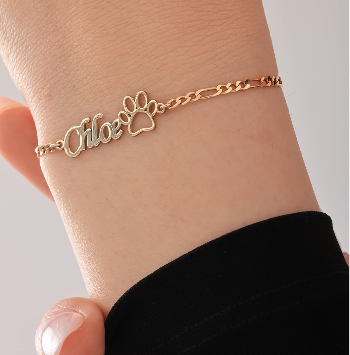 Sterling Silver Custom Name Bracelet with Paw Charm – Sterling Silver or 14K Gold Plated Personalized Pet Lover Jewelry for Women – Adjustable Curb Chain Bracelet