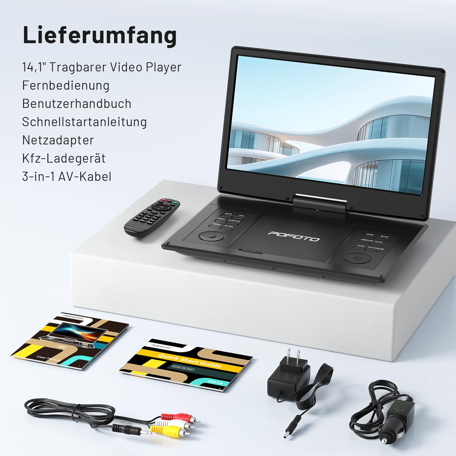 POFOTO 15,7" Tragbarer DVD-Player mit 14,1" HD-Schwenkdisplay, 6h Akkulaufzeit, Zonenfrei, Unterstützt Mehrere Formate/SD/USB, TV/Beamer-Anschluss, Stereo-Lautsprecher, Speicherfunktion, Schwarz