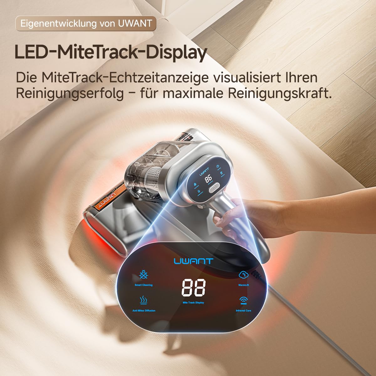 uwant M700 Milbensauger 18000Pa/60000BPM, Heißluft 65°C & UVC-Licht, Dual-Staubbehälter, Anti-Verheddern-Funktion, LED-MiteTrack Display, für Matratzen/Sofas/Kissen/Teppiche