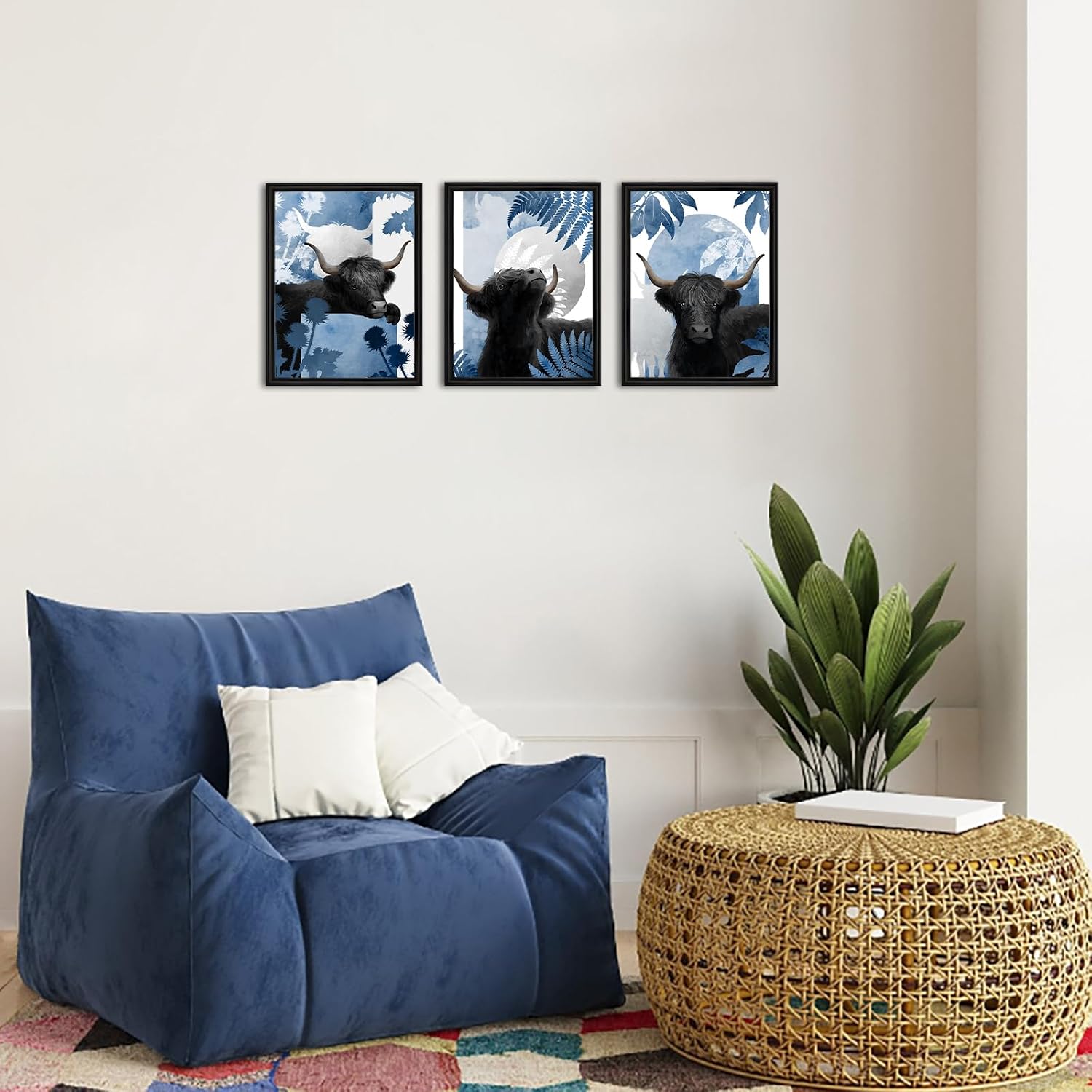 NutArtPic Highland Cow Wall Art Black Cattle with Botanical Pictures Prints Navy Blue and Black Wall Decor Set of 3 Prints Farmhouse Decor 12''x16''x3 panels (blue)