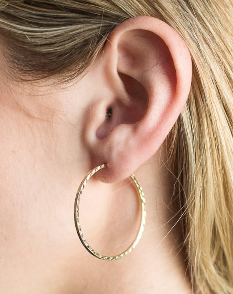 14K Yellow or White Gold Diamond Cut Square Tube Continuous Endless Hoop Earrings, 15-60mm (1.35mm Tube) - Image 2