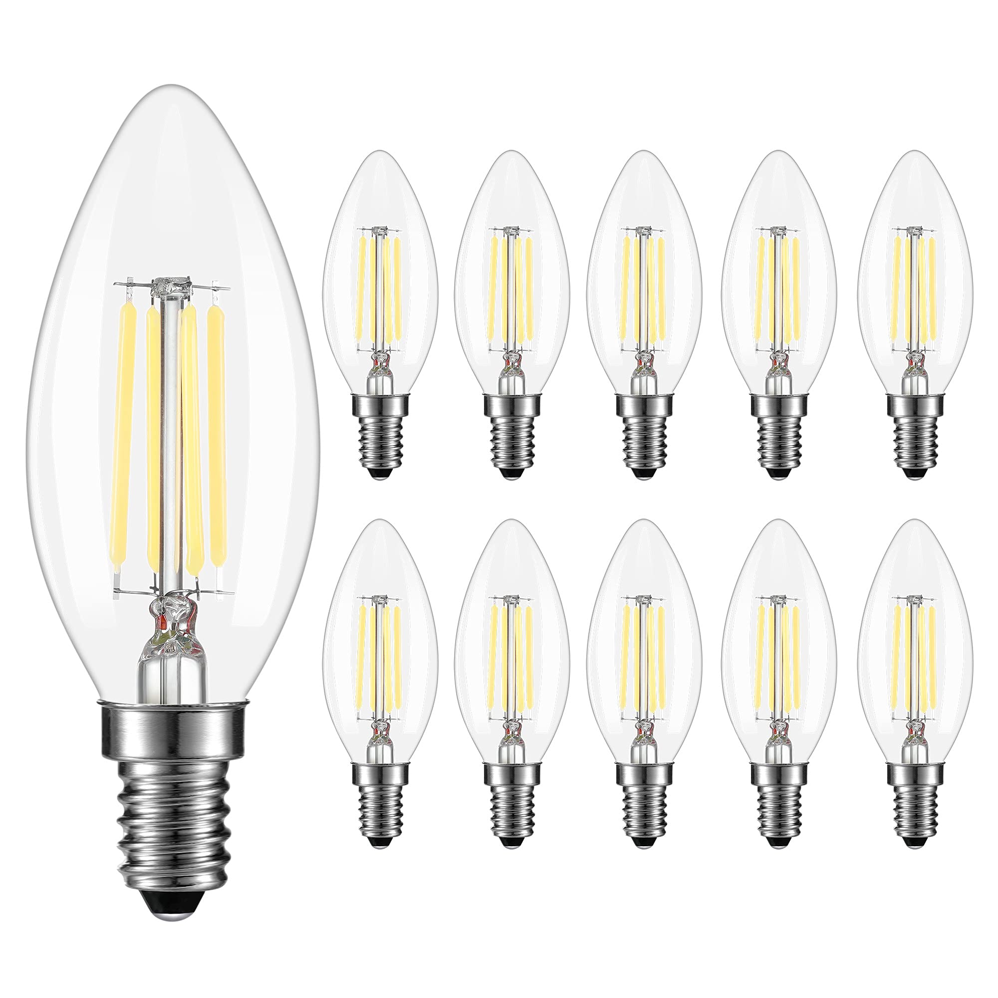 Bombillas led Paquete de 10 Bombillas Vela filamento Regulable E14, 6000K, Blanco frío, 4W, C35, Tornillo Edison pequeño, Equivalente a incandescente 40W