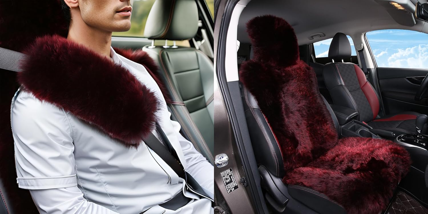 OGLAND Fluffy Fuzzy Genuine Sheepskin Car Seat Belt Pads and Soft Seat Covers