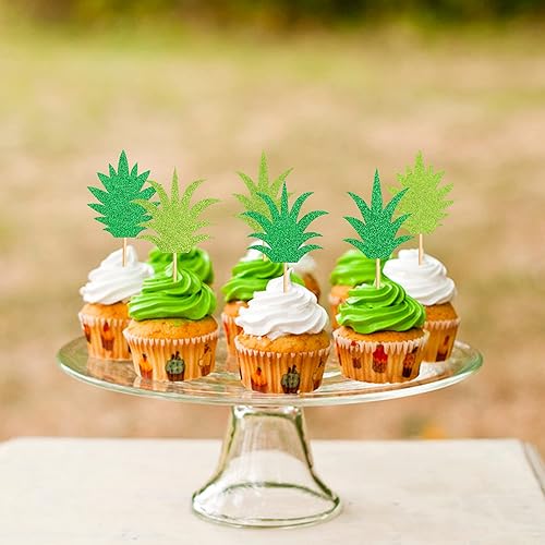 Miniatura 4 de Ercadio Paquete de 24 adornos para cupcakes de piña, color verde, con purpurina, dona, piña, cupcakes, hawaiano, tropical, divertido, tema de piña,