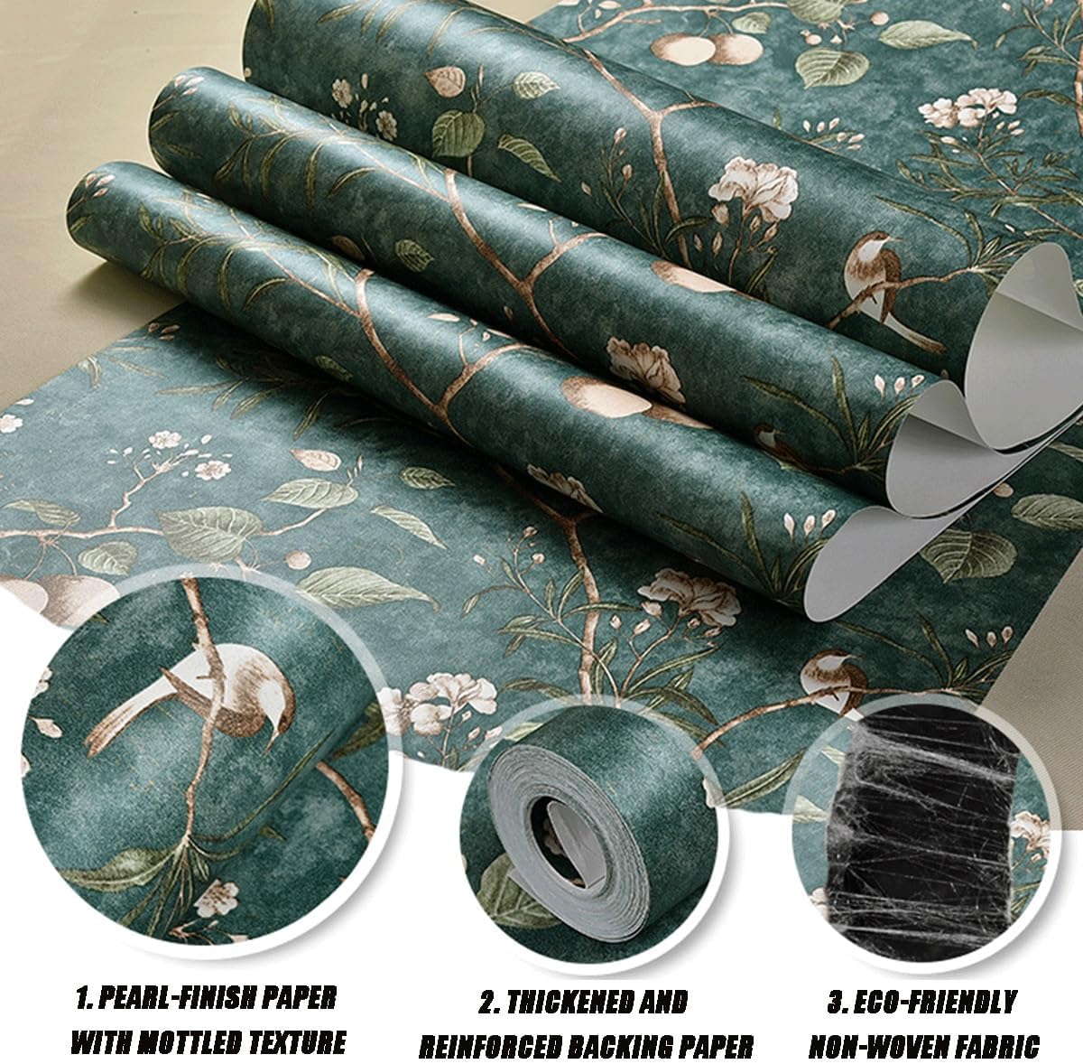 Floral & Tree Rustic Vintage Wallpaper Peel-and-Stick Wallpaper Self-Adhesive Removable countertop Stickers for Cabinet and Wall Decoration(Dark Green)