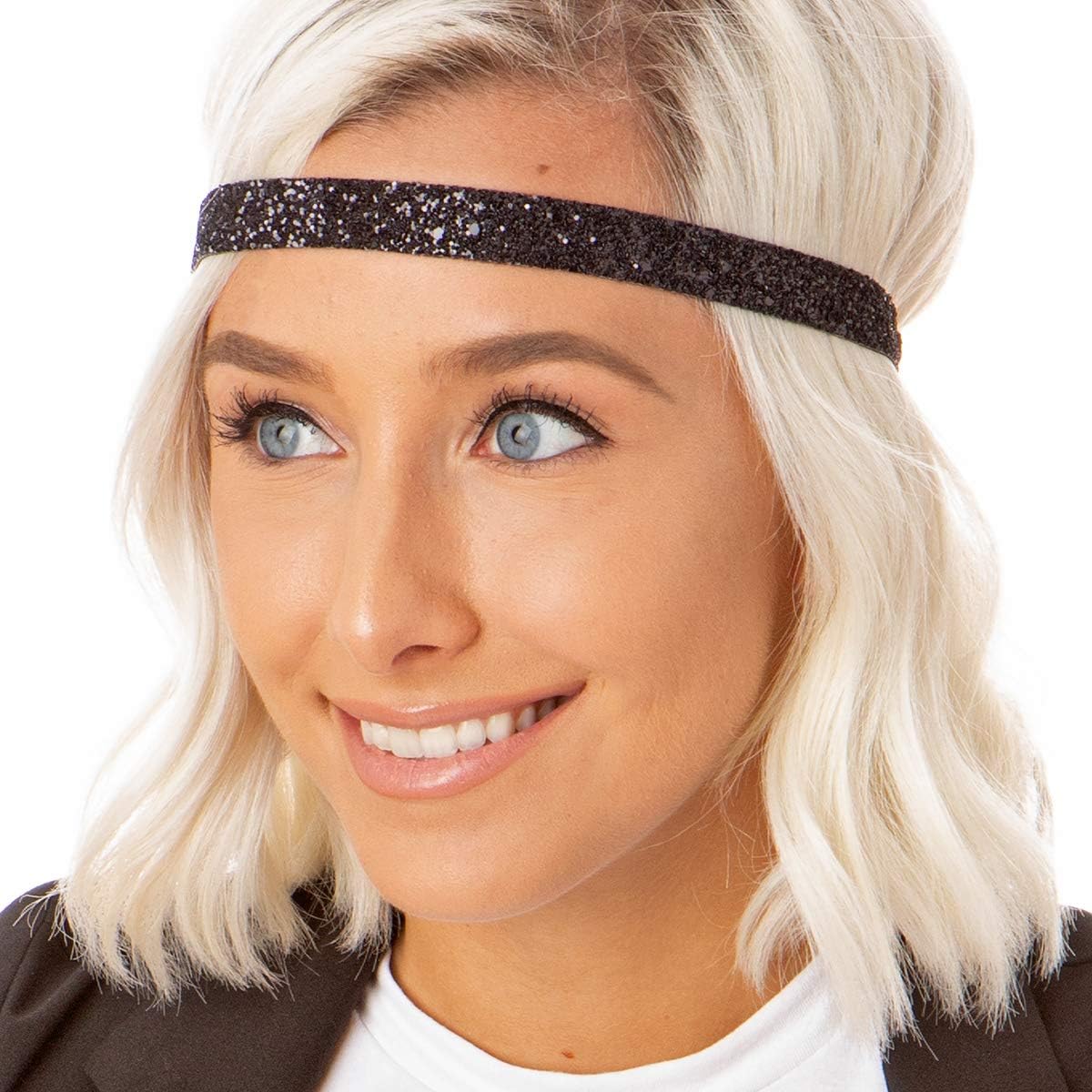 Hipsy Regular Size, Women's Adjustable NO Slip Bling Glitter Hair Headband Multi Pack (Skinny Black/Gunmetal/Navy Regular Size Bling Glitter 3pk)