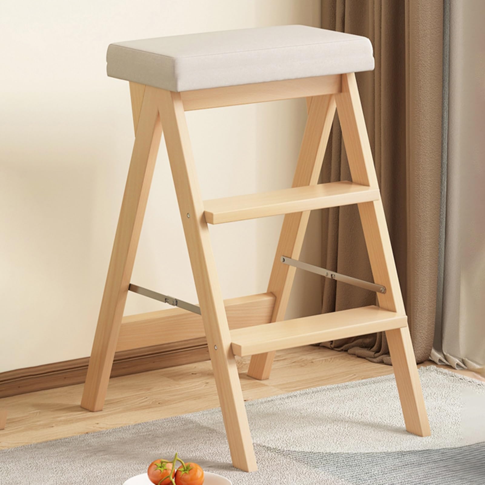 GWBoiuyQETM Wooden Folding Library Ladder Chair, Convertible Folding Chair Step Stool Display Stand, Protable 4-Step Library Ladder for Adults Office Home Kitchen Outdoor (Color : Log+gray)