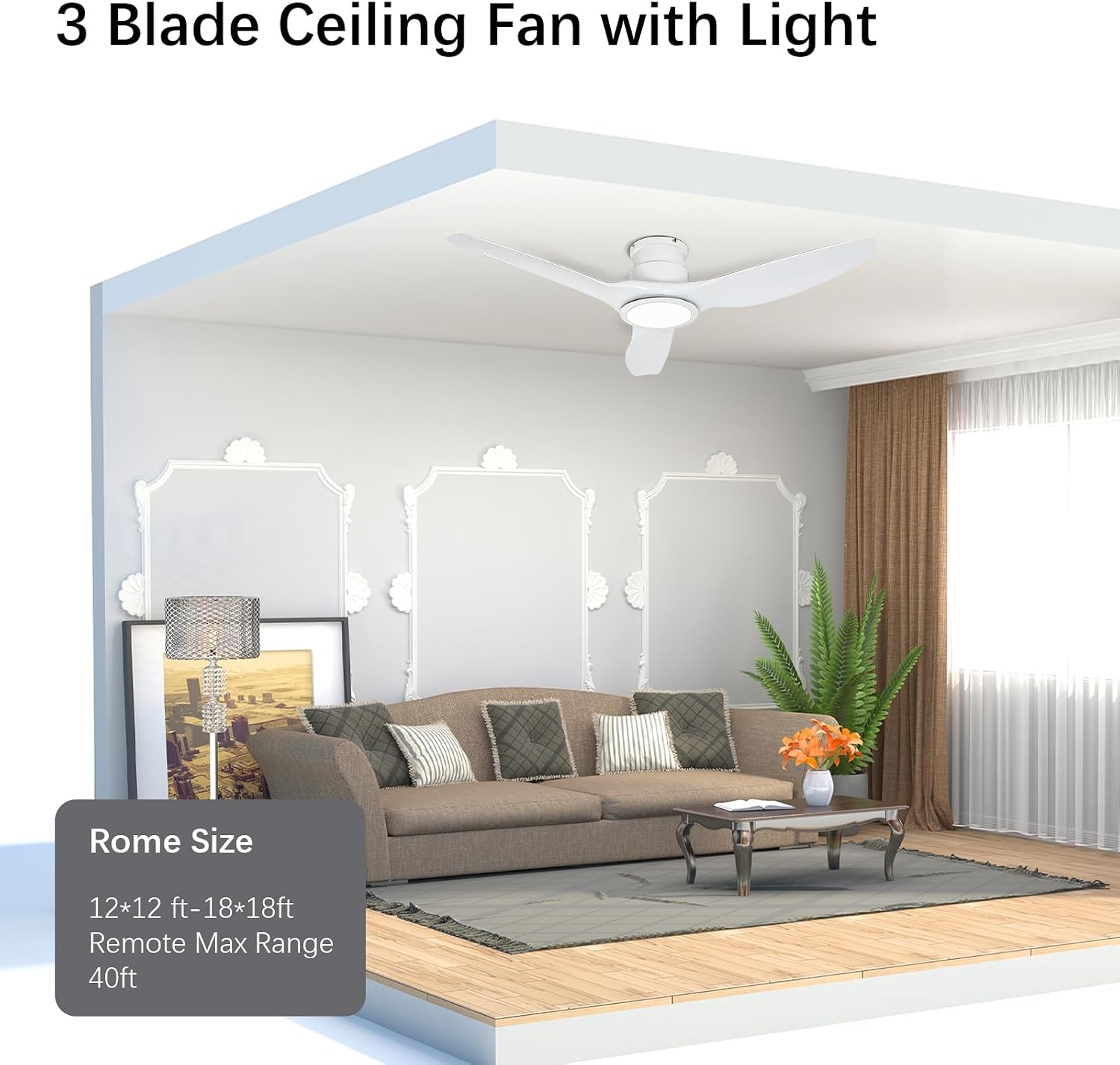 52 Inch Ceiling Fan with Light, Remote Control Flush Mount Low Profile for Bedroom Living Room Home Office,DC Motor,Reversible,White