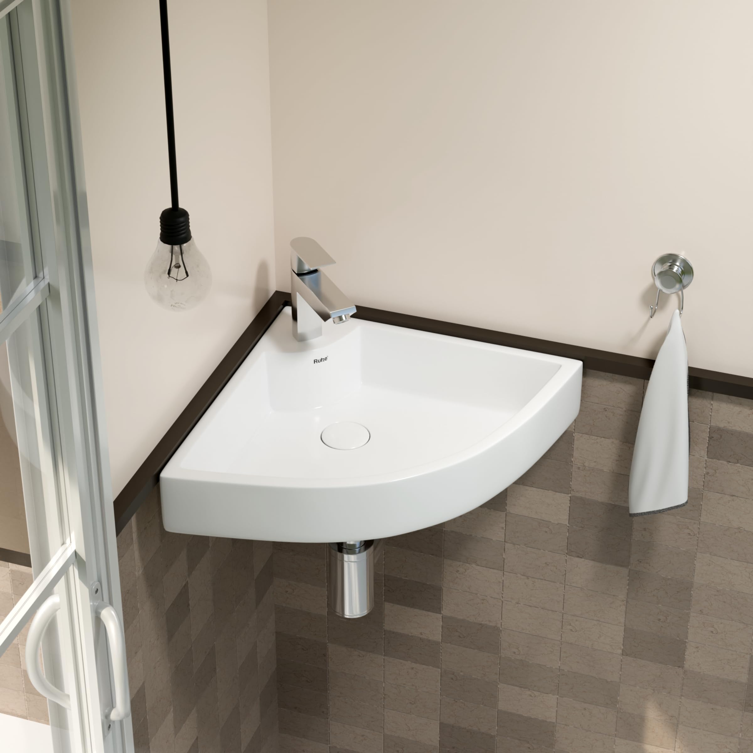 Ruhe® 22.6x17.5x5 Inches Ara WallHung WashBasin White Corner Ceramic, Modern Bathroom Sink for Home, Hotel, Office, Wall-Mount Installation, Spacious Bowl, Glossy Finish