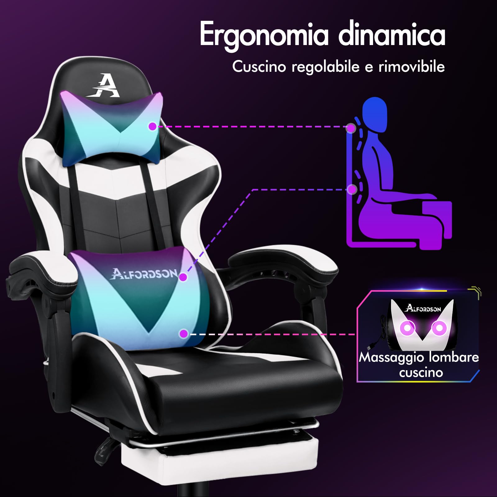 ALFORDSON Sedia Gaming Massaggiante, Sedia Professionale Gamer con Cuscino Lombare & Poggiatesta, Ergonomico Poltrona da Ufficio Schienale Regolabile 90-150°, Portata 180 kg, Similpelle(Bianca)