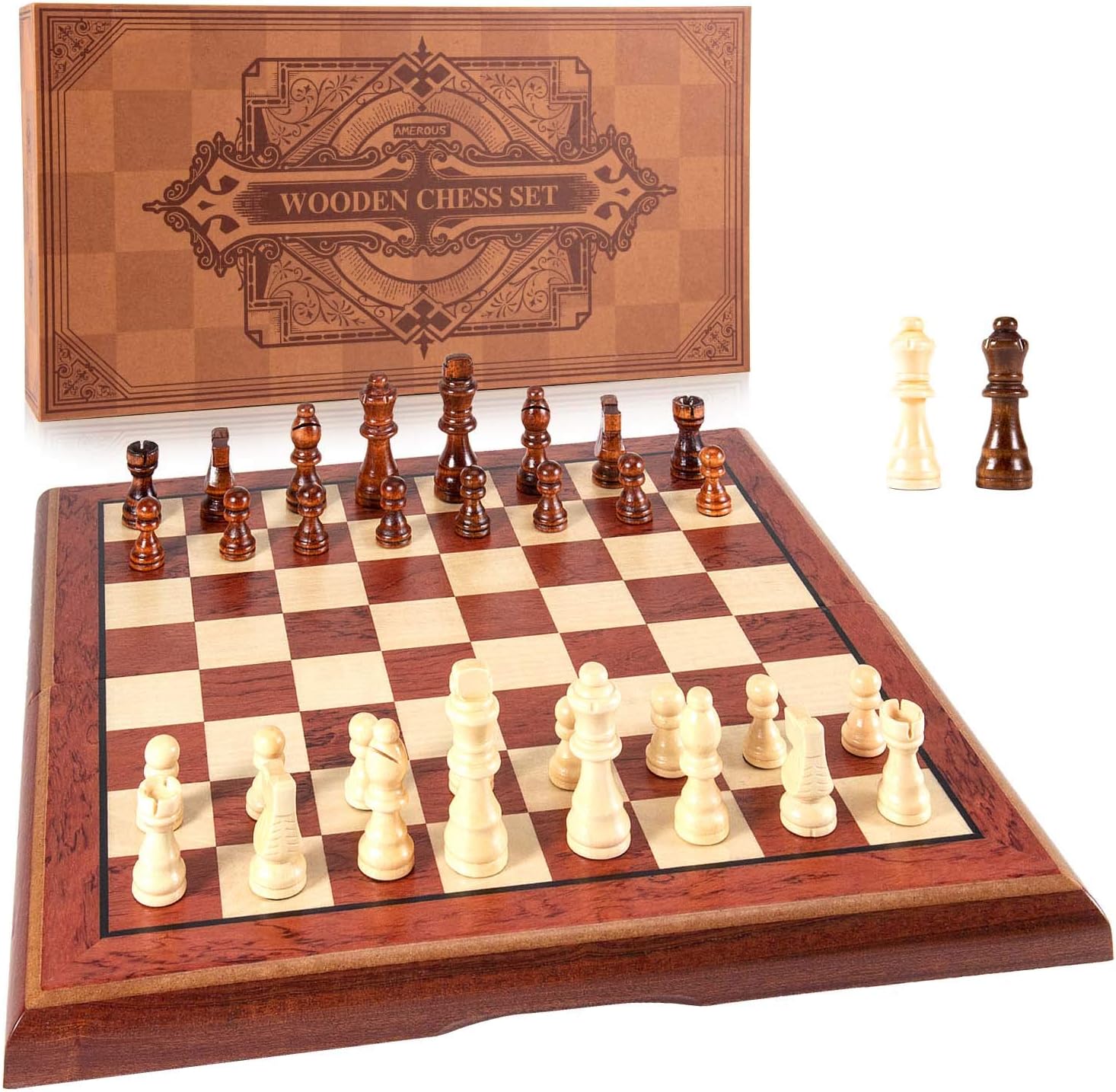 AMEROUS 15'' Magnetic Wooden Chess Set -Folding Board -2 Extra Queens -Chessm...