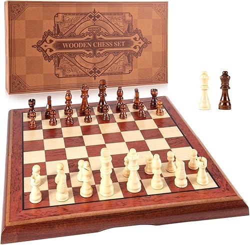 AMEROUS Juego de ajedrez magnético de madera de 15 pulgadas tablero plegable 2 reinas adicionales ranuras de almacenamiento de ajedrez - Paquete de AMEROUS Juego de ajedrez magnético de madera de 15 pulgadas tablero plegable 2 reinas adicionales ranuras de almacenamiento de ajedrez - Paquete de