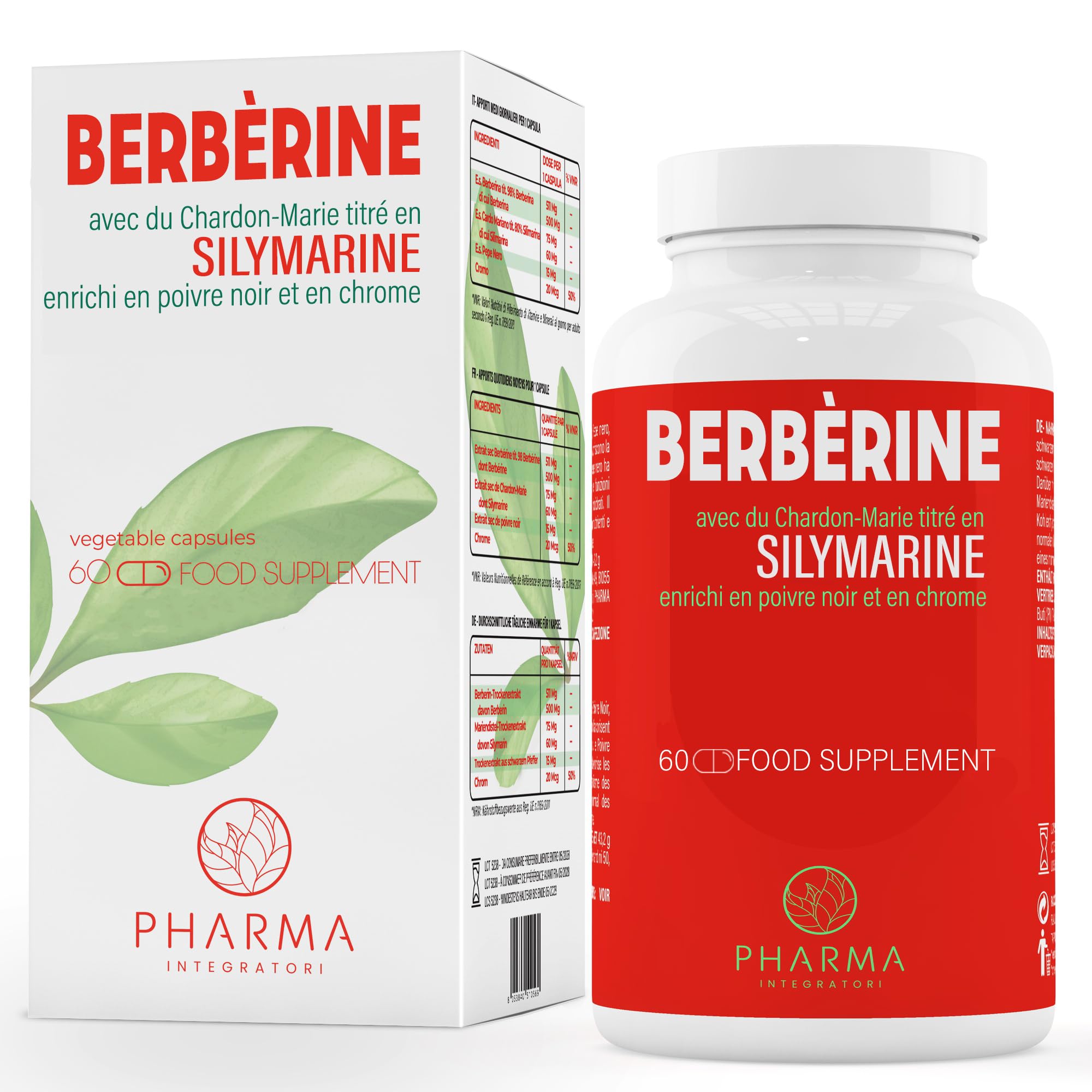 Berbérine 500 mg avec silymarine, poivre noir, chardon-Marie et chrome | 1 capsule par jour. Cure de 60 jours. Favorise le métabolisme et la détoxification de l’organisme – Action antioxydante