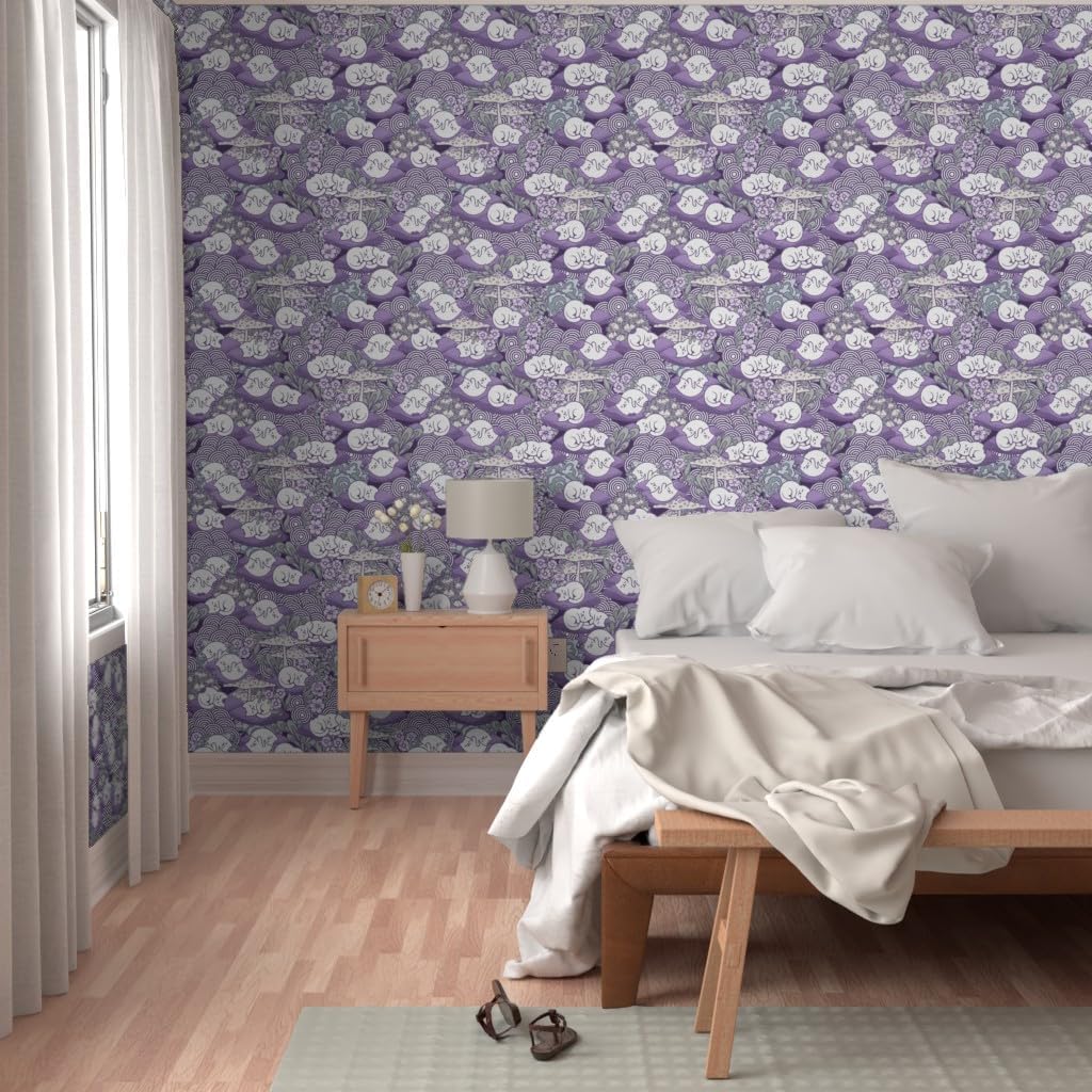 Peel & Stick Wallpaper 3ft x 2ft - Sleeping Cats Whimsical Purple Gray Toadstools Kawaii Kittens Custom Removable Wallpaper by Spoonflower