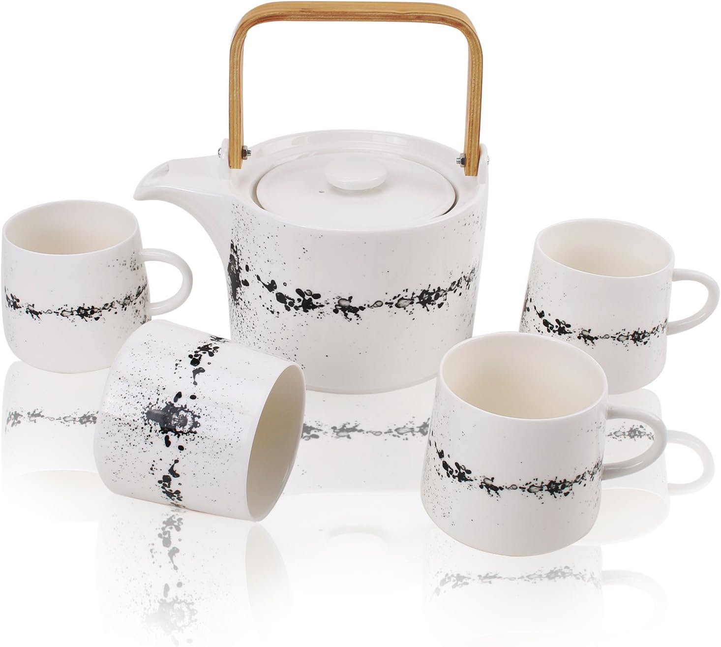 YALONG Black and White Porcelain Tea Set Coffee Service with Wooden Handle and Infuser, Teapot and 4 Cups Set Serves for 4, Wedding Christmas Gift