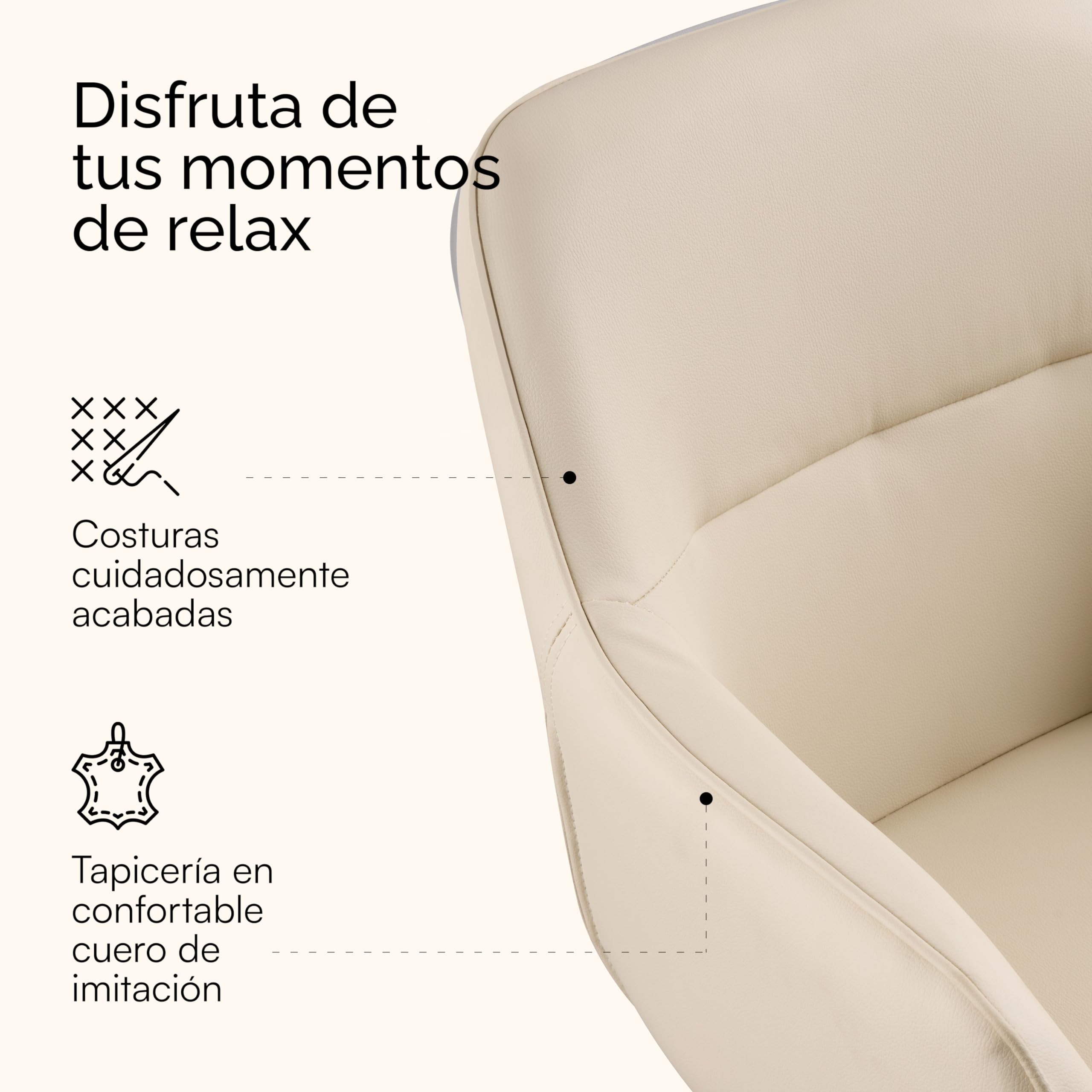 Baroni Home Sillón Giratorio Moderno con Reposabrazos y Tapicería de Cuero de Imitación y Patas de Acero Negro, Sala de Estar, Dormitorio, Rincón de Lectura, Beige, 55x85x47 cm
