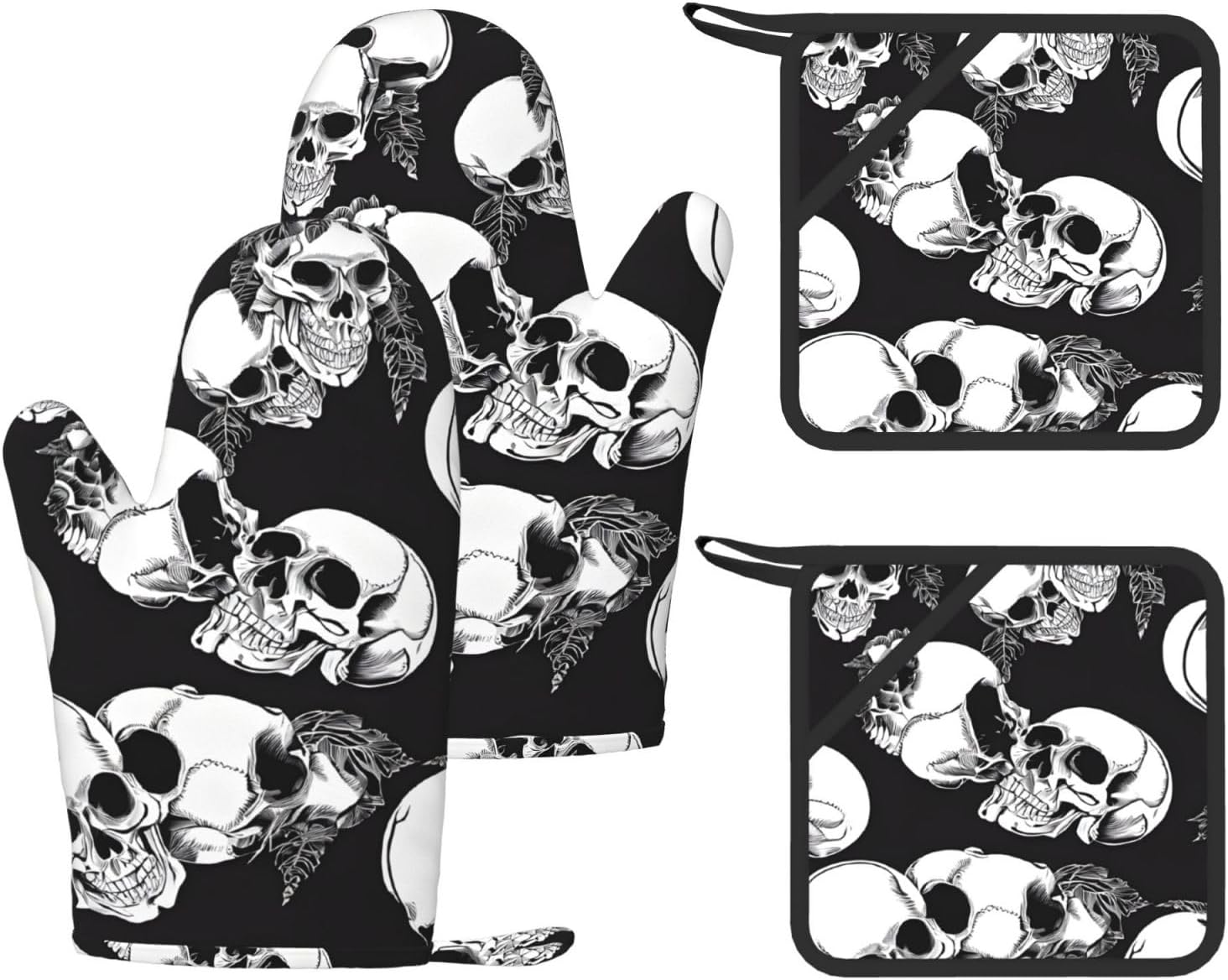 Black Skull 4pcs Oven Mitts and Pot Holders Sets for Kitchen, Silicone Oven Gloves Non-Slip Potholders Hot Pads for Baking Cooking