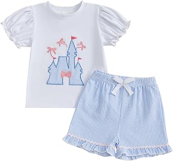 Toddler Girls Summer Outfit Castle Bow Embroidery Short Sleeve T-Shirt and Ruffles Shorts Little Kids Clothes