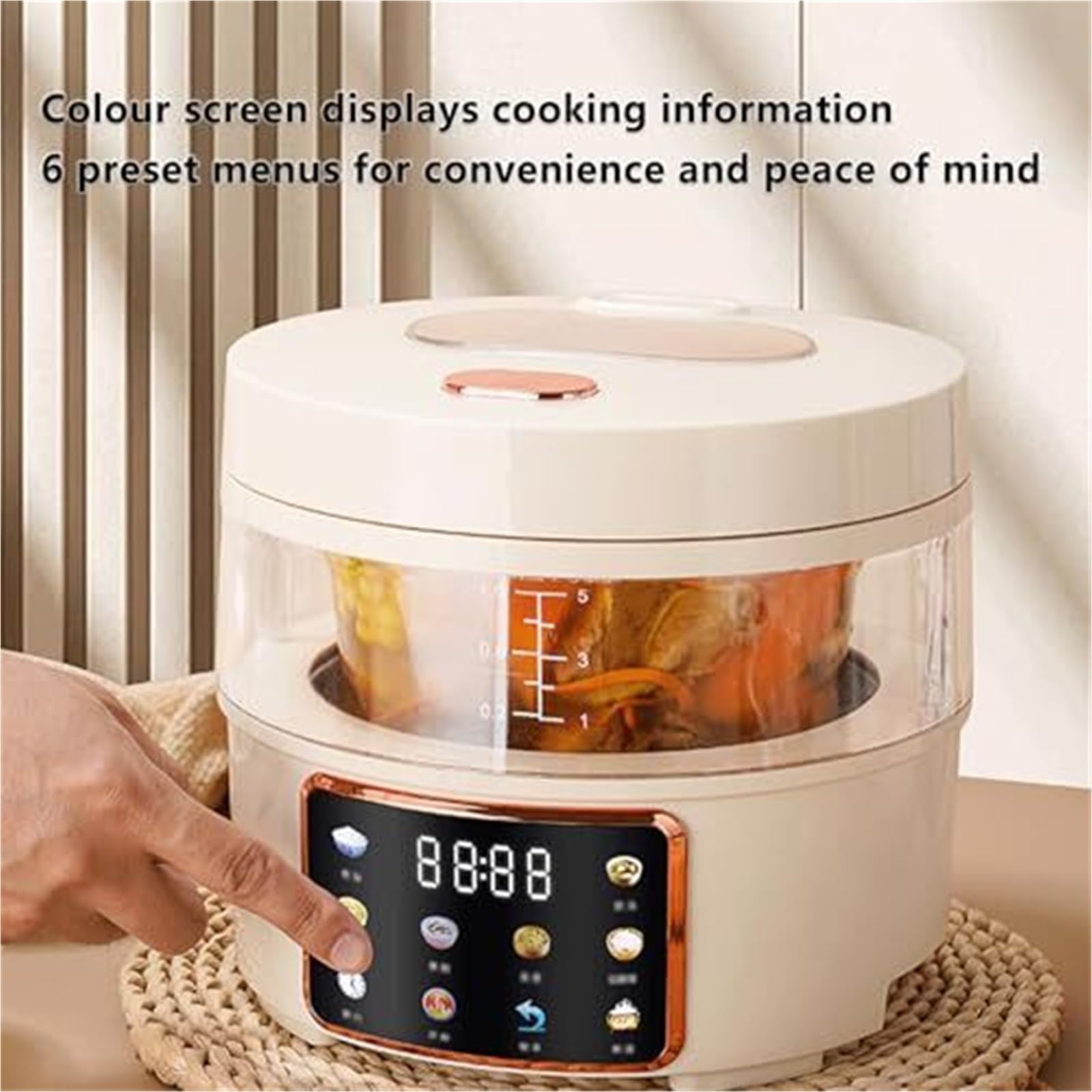 Cuociriso in vetro da 2,5 litri, 400 W, timer 24 ore, mantiene caldo, | Corpo trasparente, cestello vapore in acciaio, preimpostazione ritardo digitale, modalità pasto pronto,