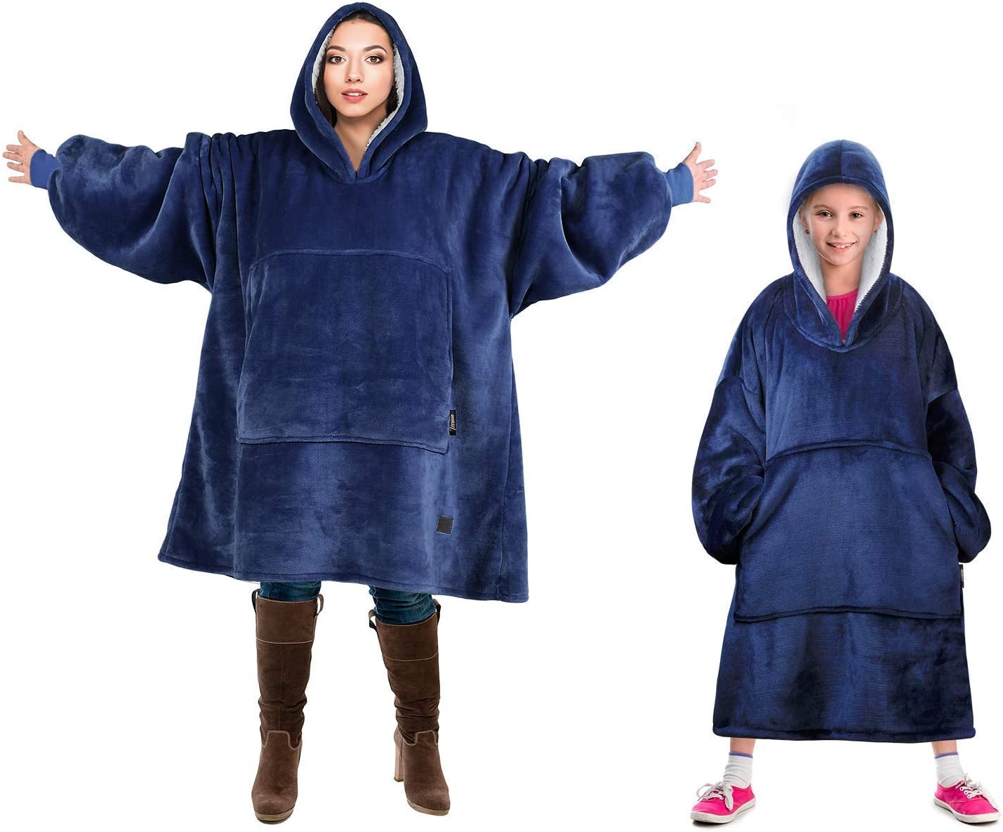 WANZIJING The Original Comfy: Warm, Soft, Cozy Sherpa Blanket Sweatshirt, Seen On Shark Tank For Adults & Children, Reversible, Hood & Large Pocket, One Size,Blue