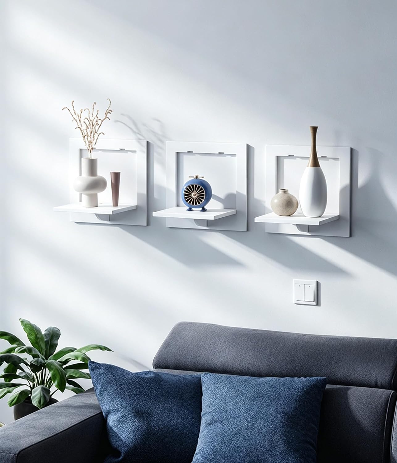 Floating Wall Shelves, 2 Pack Small White Floating Shelves for Wall, No Drill Wall Mount Shelves for Bedroom, Living Room, Bathroom, PVC Wall Shelves for Plant, Picture Frame, Decor (Square)