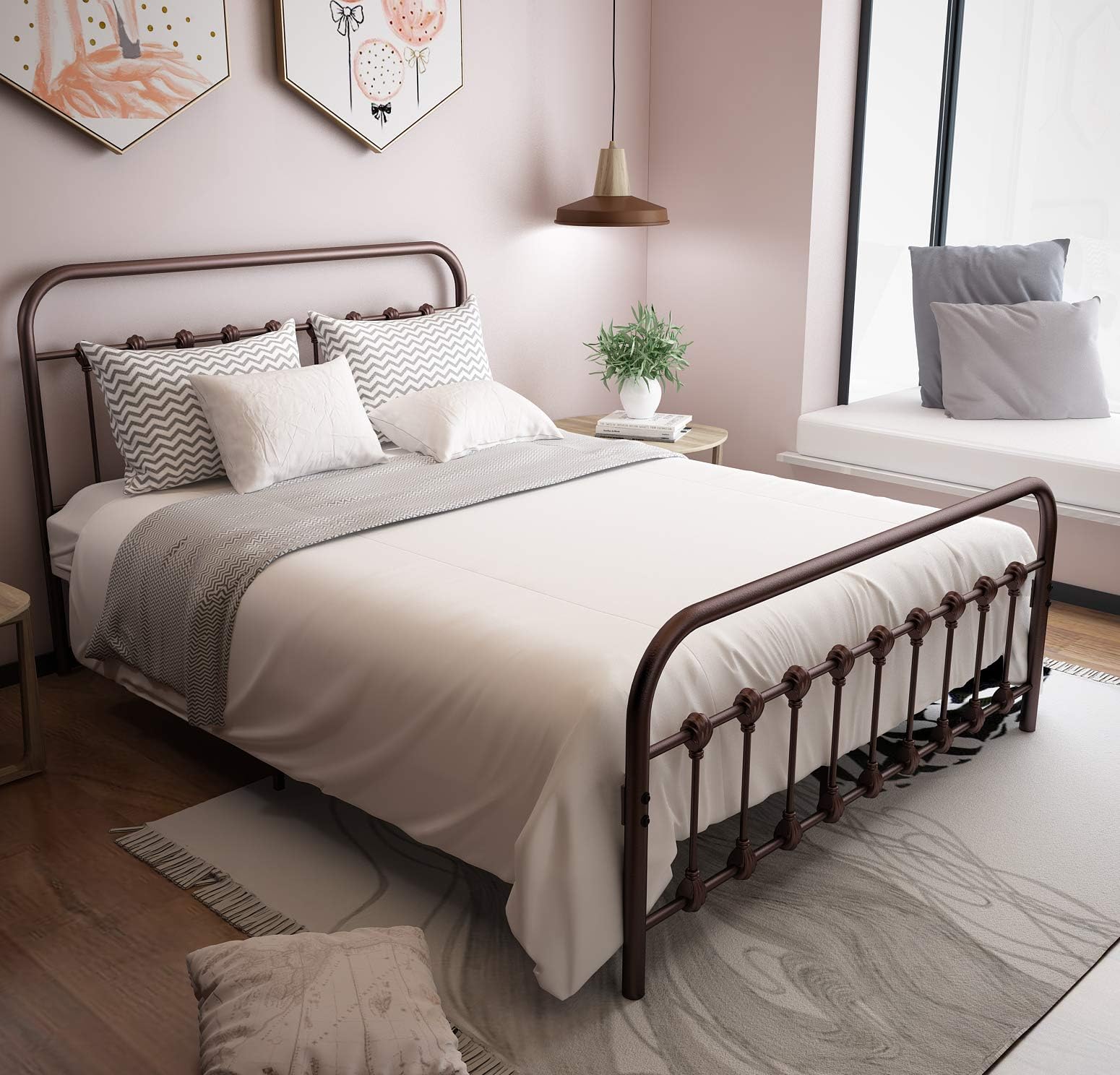 URODECOR Metal Bed Frame with Headboard and Footboard Mattress Foundation The Country Style Iron Platform Bed, Antique Brown,Queen Size