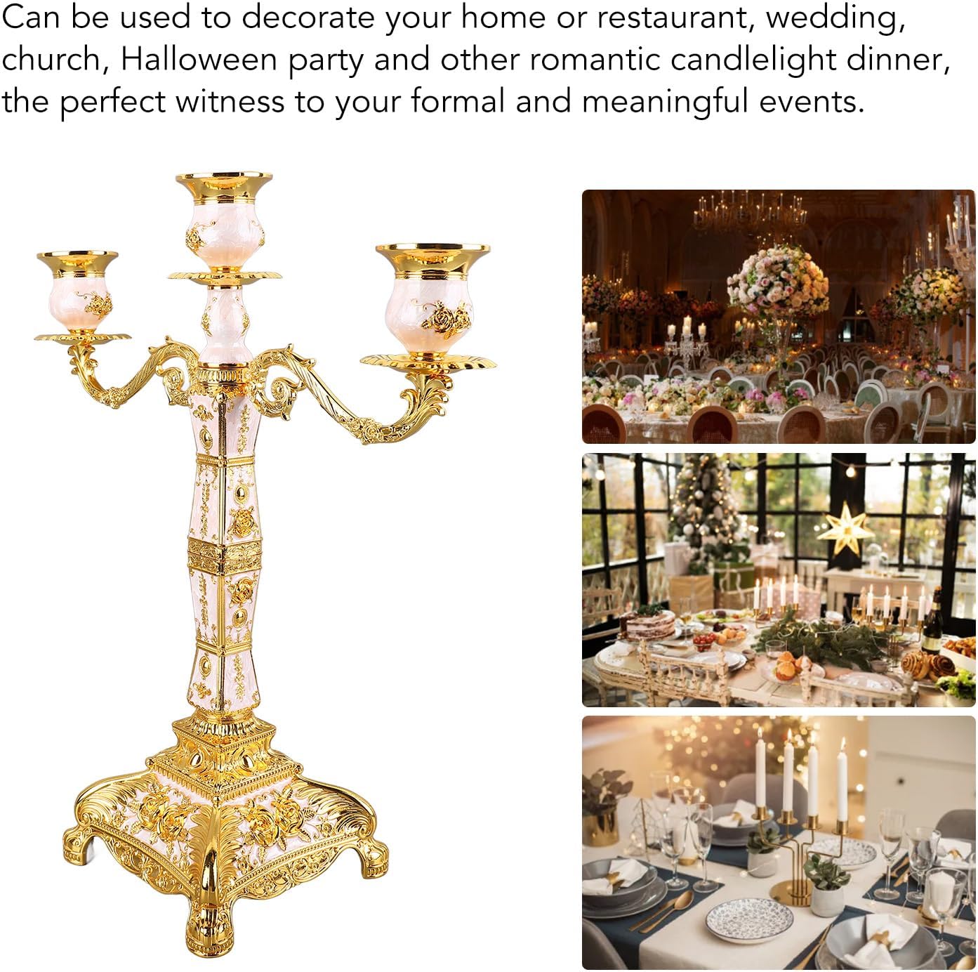 Alloy Candelabra Decoration, European Style Retro Candlestick, Metal Arms Candel Holder for Wedding Dinner Party (Gold and White Three Heads)