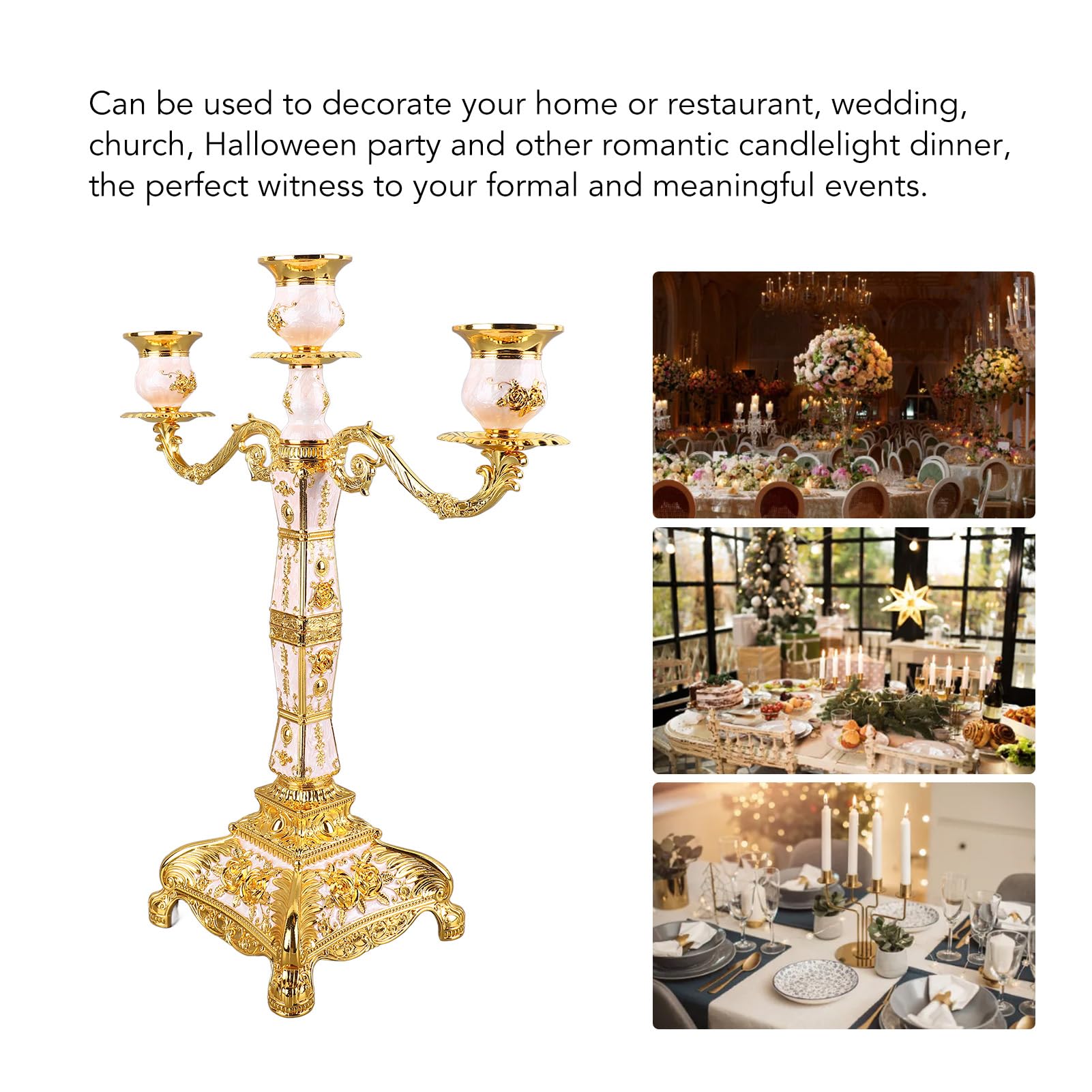 Metal Candelabra Candle Holder, European Retro 3 Arms or 5 Arms Candle Stand Candlestick Holder Decoration for Wedding Dining Table Centerpieces Christmas Party (Gold and White Three Arms)