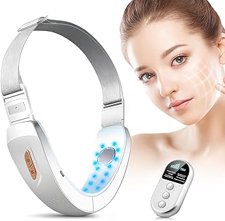 جهاز تدليك كهربائي لنحت الوجه على شكل V يعمل بتقنية اي ام اس وتقنية جوا شا الكهربائية يحتوي على 6 أوضاع للتدليك ومزود بضوءين أحمر وأزرق مع جهاز تحكم عن بُعد لشد البشرة ورفعها