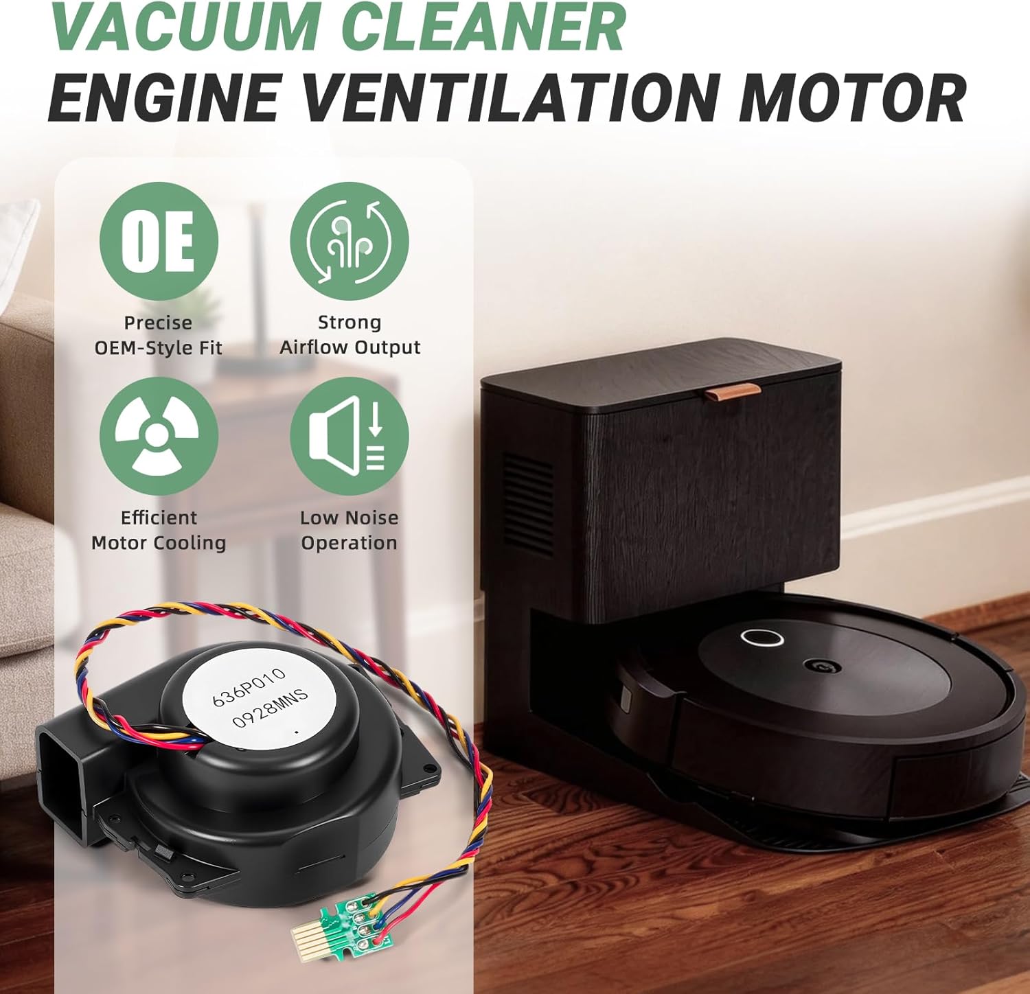 Vacuum Cleaner Fan Motor Fit for iRobot Roomba i1 i2 i3 i4 i5 i6 i7 i8 i9 J8 J9 e5 e6 Engine Ventilation Motor Fan, 20N636P010 Fan Module for Smart Sweeper| 636P010-0928MNS