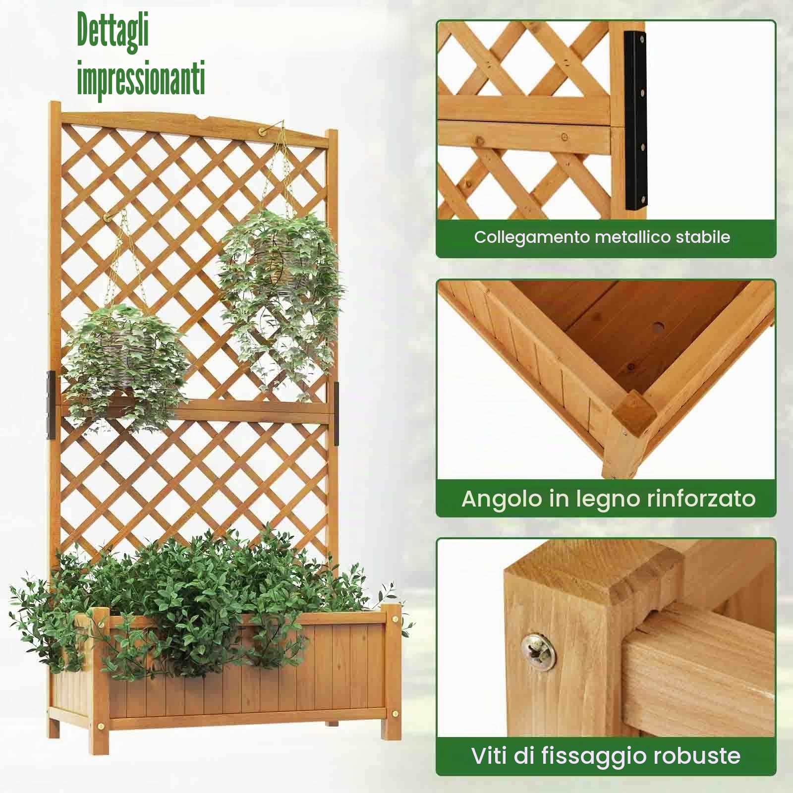 FANTASK traliccio con traliccio e foro di drenaggio, fioriera con fioriera in legno di abete, aiuola rialzata da giardino