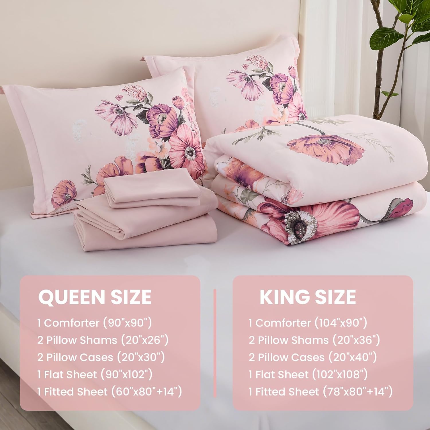 Queen Comforter Set - 7 Pieces Bed in a Bag Pink Floral Queen Comforter Set with Sheets, Soft Microfiber Flower Complete Bedding Set for All Seasons(Pink,90"x90") - Image 6